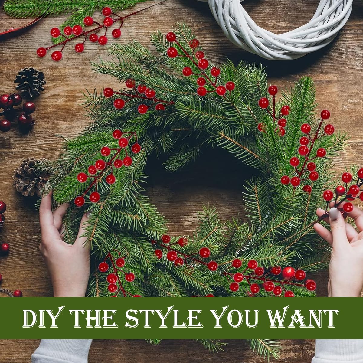 HASTHIP Christmas Pine Branches for Xmas Decor with 35 Pine Picks and 10 Red Berry Stems | Realistic Artificial Needles for Tree Garland and Wreaths