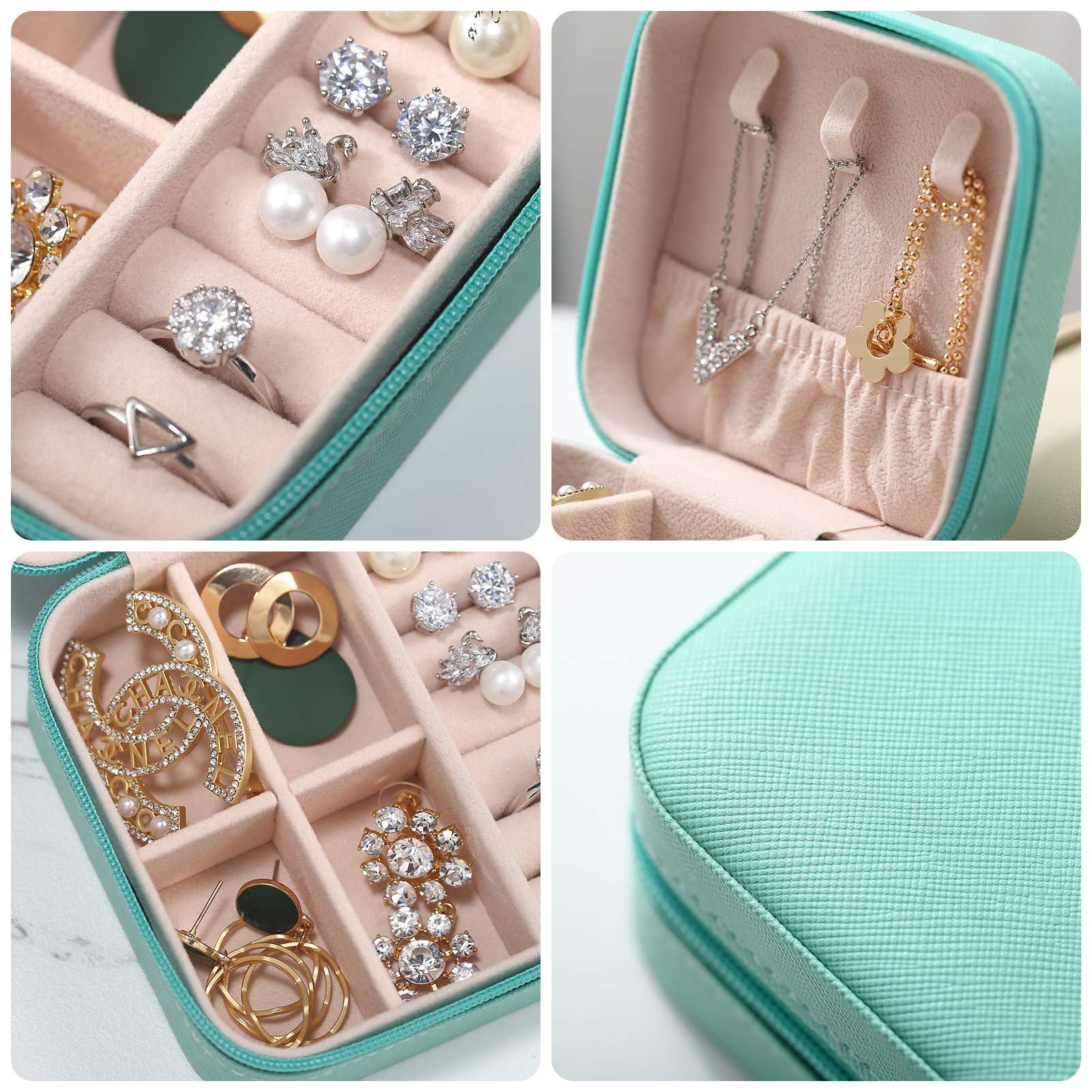 SANNIDHI Jewellery Box for Travel with 10×10×5cm Compartments featuring Safety Zipper | Mint Green PU Leather Organizer for Girls and Women