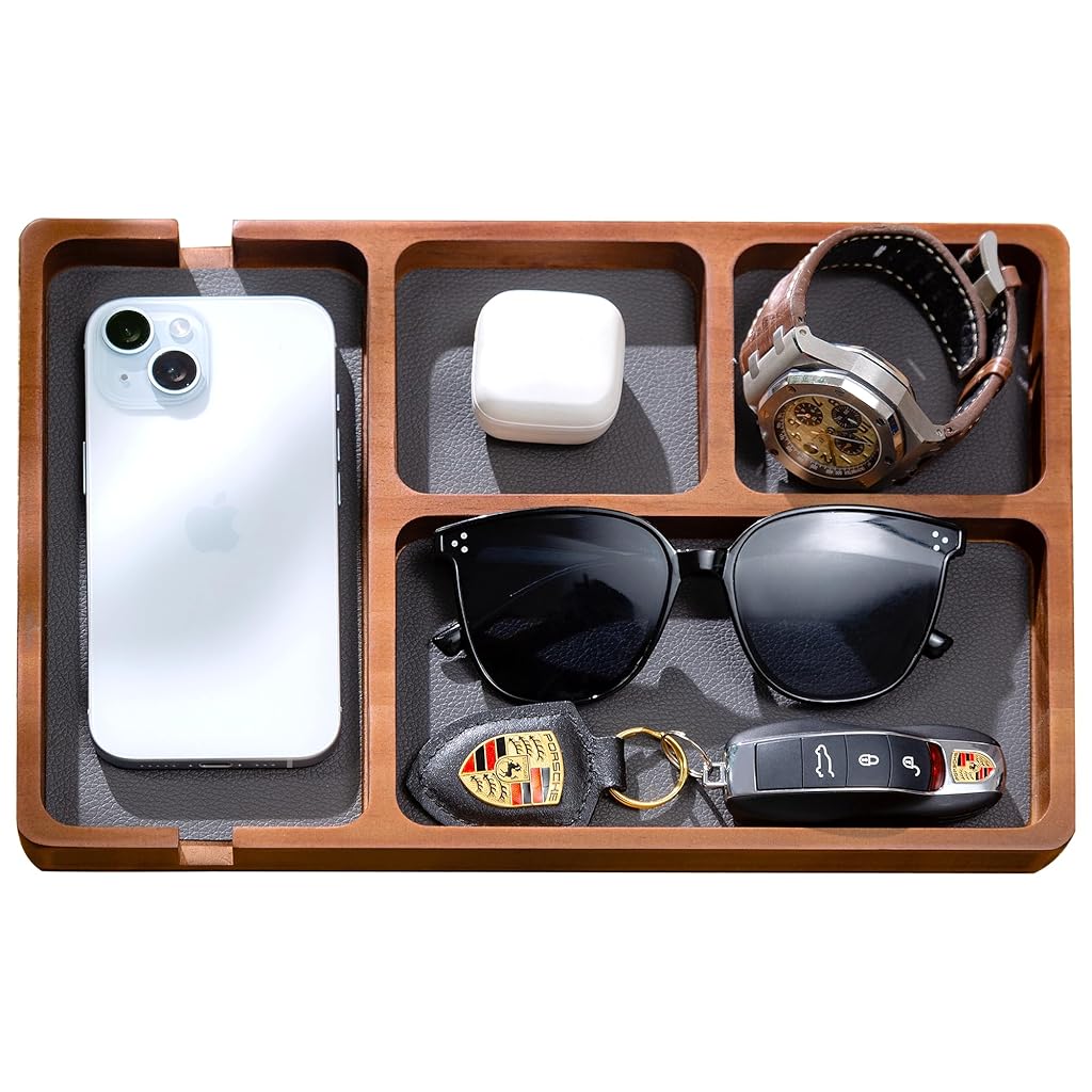 Climberty® Wooden Desk Organizer Versatile Wooden Accessories Organizer Holder Case Open Square Compartmentalized Fashion PU Lined Office Desk Accessories Storage Box Organizer
