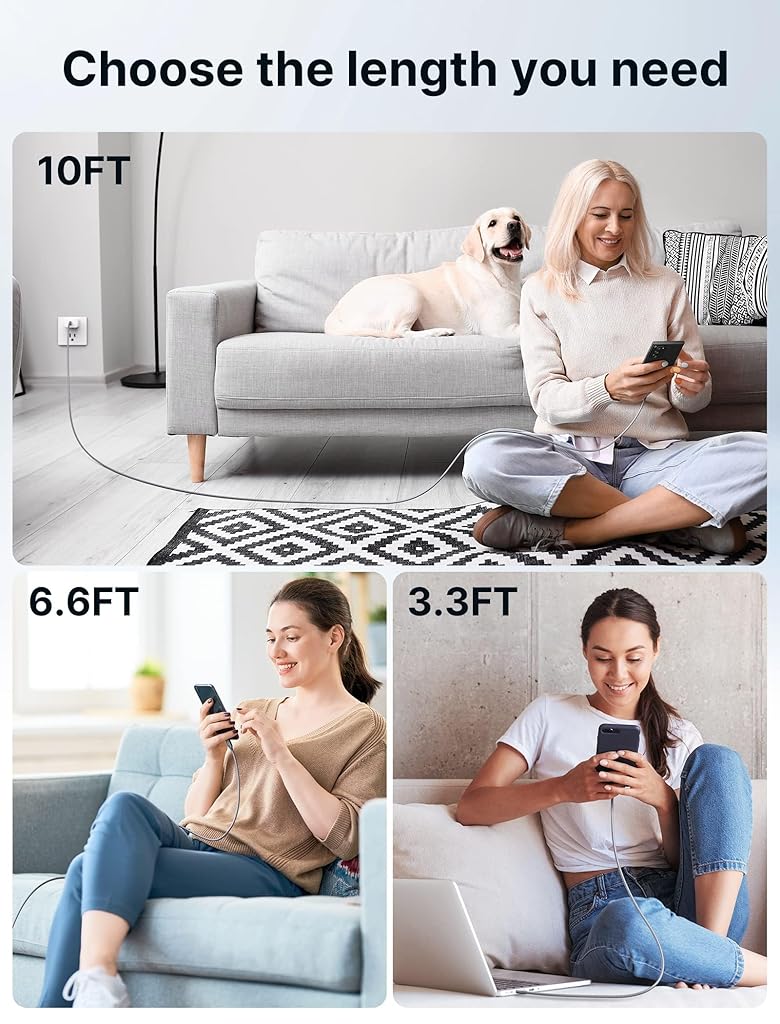 JSAUX® 100W 5A Type c to USB Cable Fast Charging 10Ft 480Mbps Data Sync Nylon Braided for iPhone 16 Plus Pro Max 15 Galaxy S24 S23 MacBook iPad Pixel Grey 3PCS