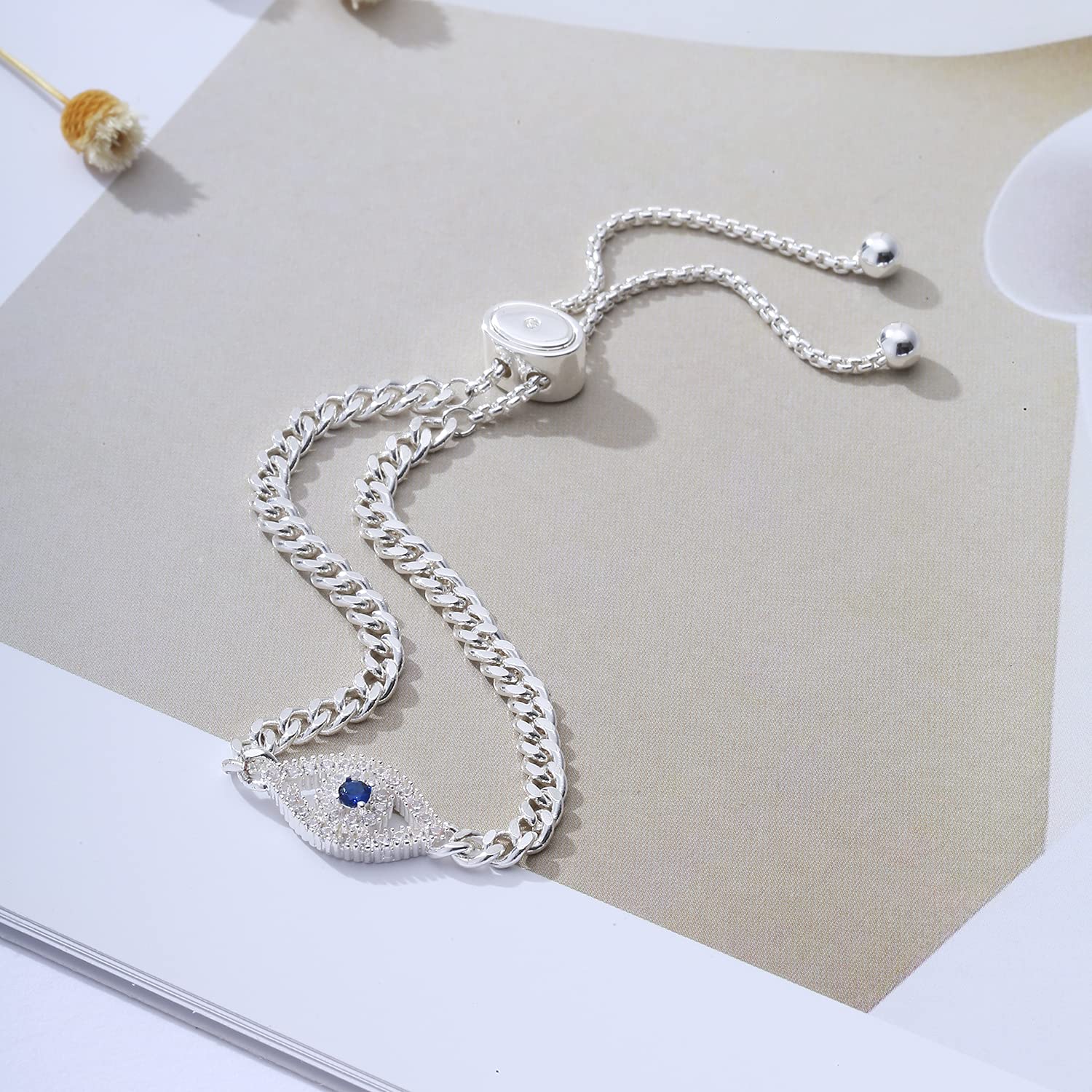 SANNIDHI Evil Eye Bracelet featuring Adjustable Chain and Silver Alloy with Rhinestones | Women Jewelry Gift