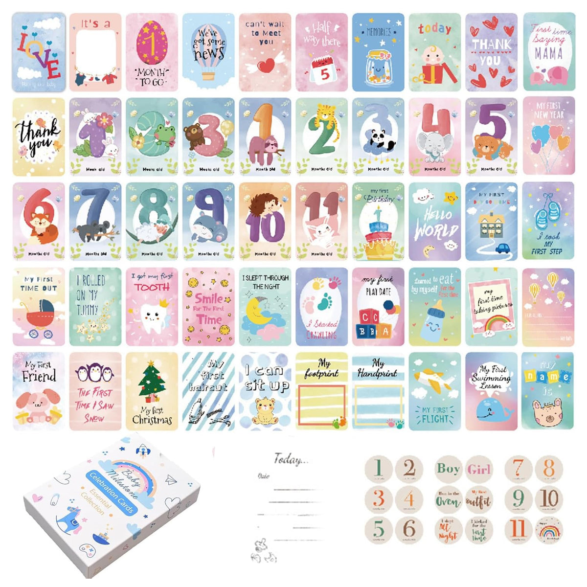 SNOWIE SOFT 50Pcs Baby Milestone Cards with Decorative Stickers Cartoon Milestone Props for Babies Photo Celebration Cards Baby Milestone Props with Blank Message Column Newborn Shower Gift 10x15cm