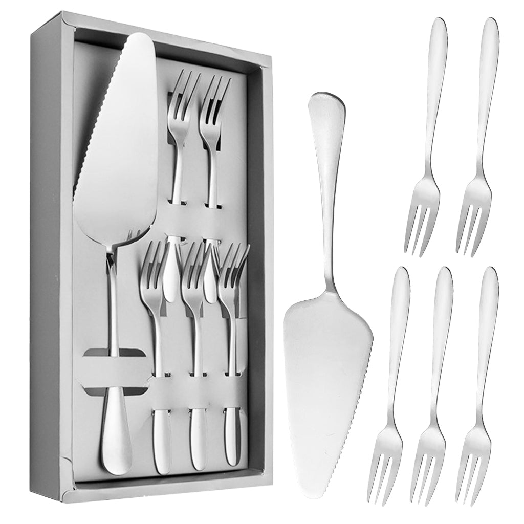 HASTHIP Cake Server Cake Forks Combo Set Stainless Steel Cake Slice & 5Pcs Dessert Forks, 2 in 1 Serrated Cake Cutter Slice 5.2 inches Cake Forks, Birthday Party Supplies Kitchen Supplies, Silver