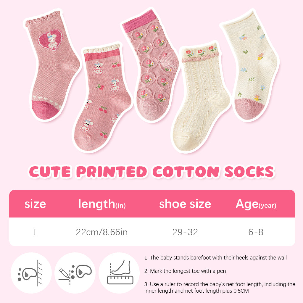 SNOWIE SOFT 5 Pairs Cotton Socks for Girls Primary School Girls Socks Assorted Designed Cute Pink White Print Ankle Socks for Girls Breathable Soft Cotton Socks for Girls 6-8 Years Old