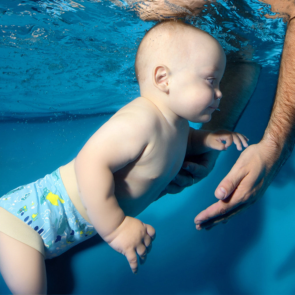 SNOWIE SOFT Baby Swimming Diapers for 6-12 Month Reusable & Washable Cartoon Print Towel Cloth Baby Swim Diaper Shorts High Waist Breathable TPU Waterproof Diaper for Baby Swimming