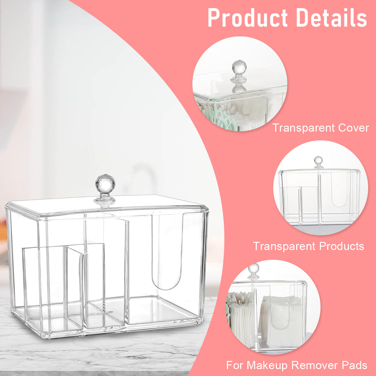 ZIBUYU Cotton Pad Holder Dispenser Cotton Ball and Swab Storage with Lid Clear Acrylic Cotton Round Organizer, 4 Sections