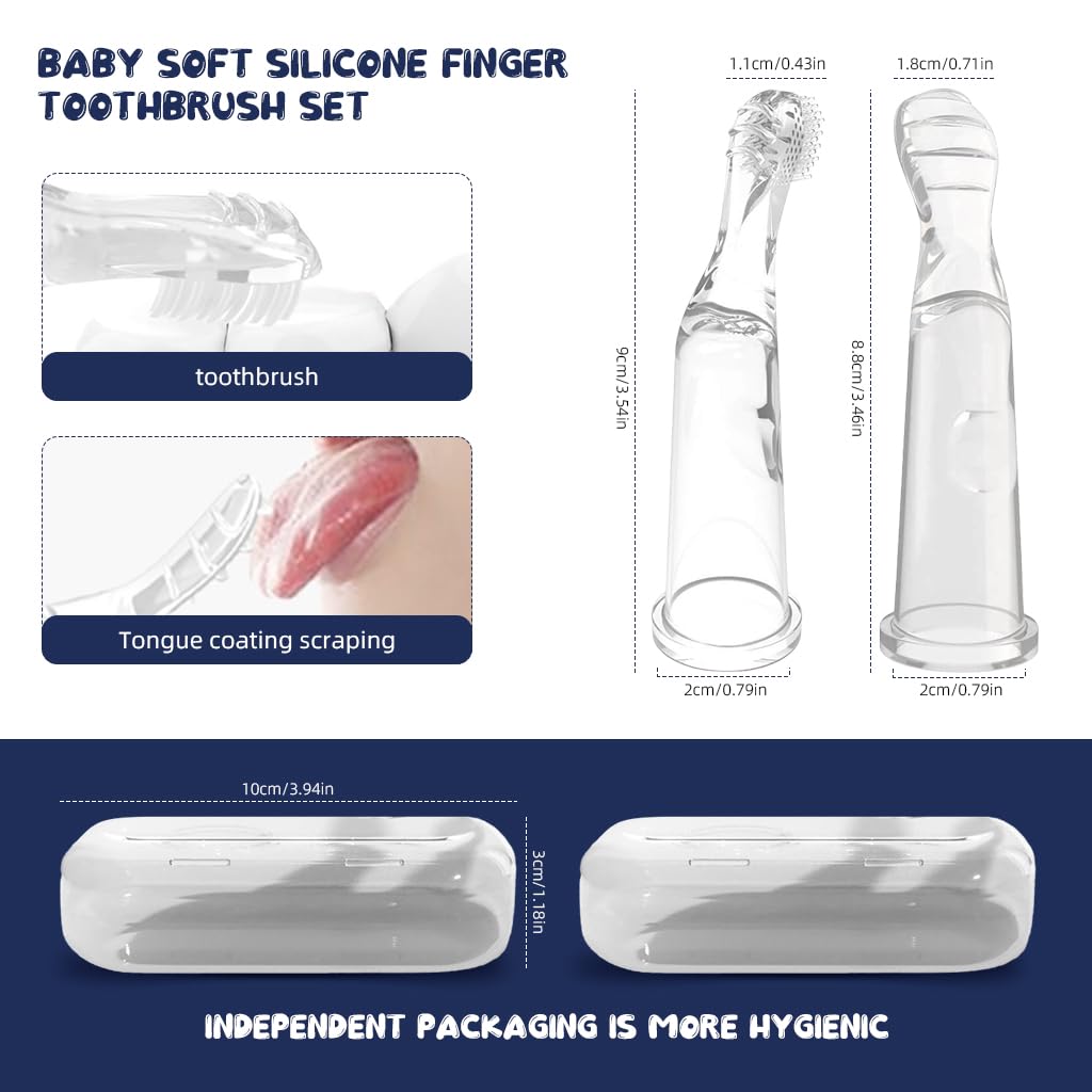SNOWIE SOFT Silicone Finger Toothbrush Set with Baby Tongue Scraper Gum Massager Food Grade Soft Silicone Baby Finger Toothbrush for Baby 0-1 Years Old Baby Oral Care Cleaning Set with Box