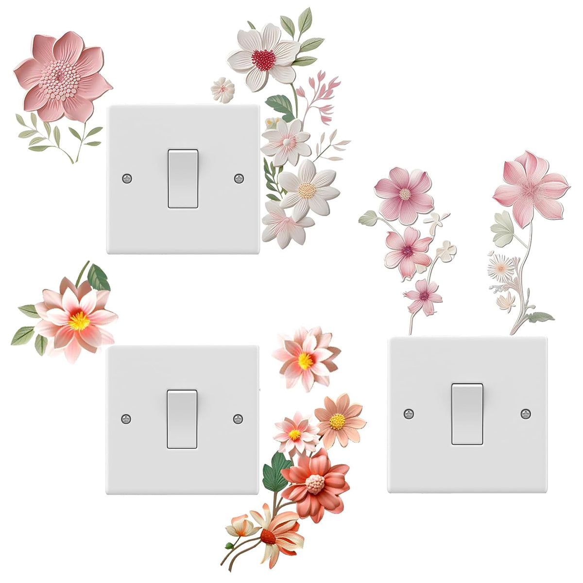 HASTHIP 3Pcs Wall Switch Decals Stickers Aesthetic Flower Wall Stickers for Home Decor Wall Decor 3D PVC Self-adhesive Flower Wall Switch Stickers Living Room Decor