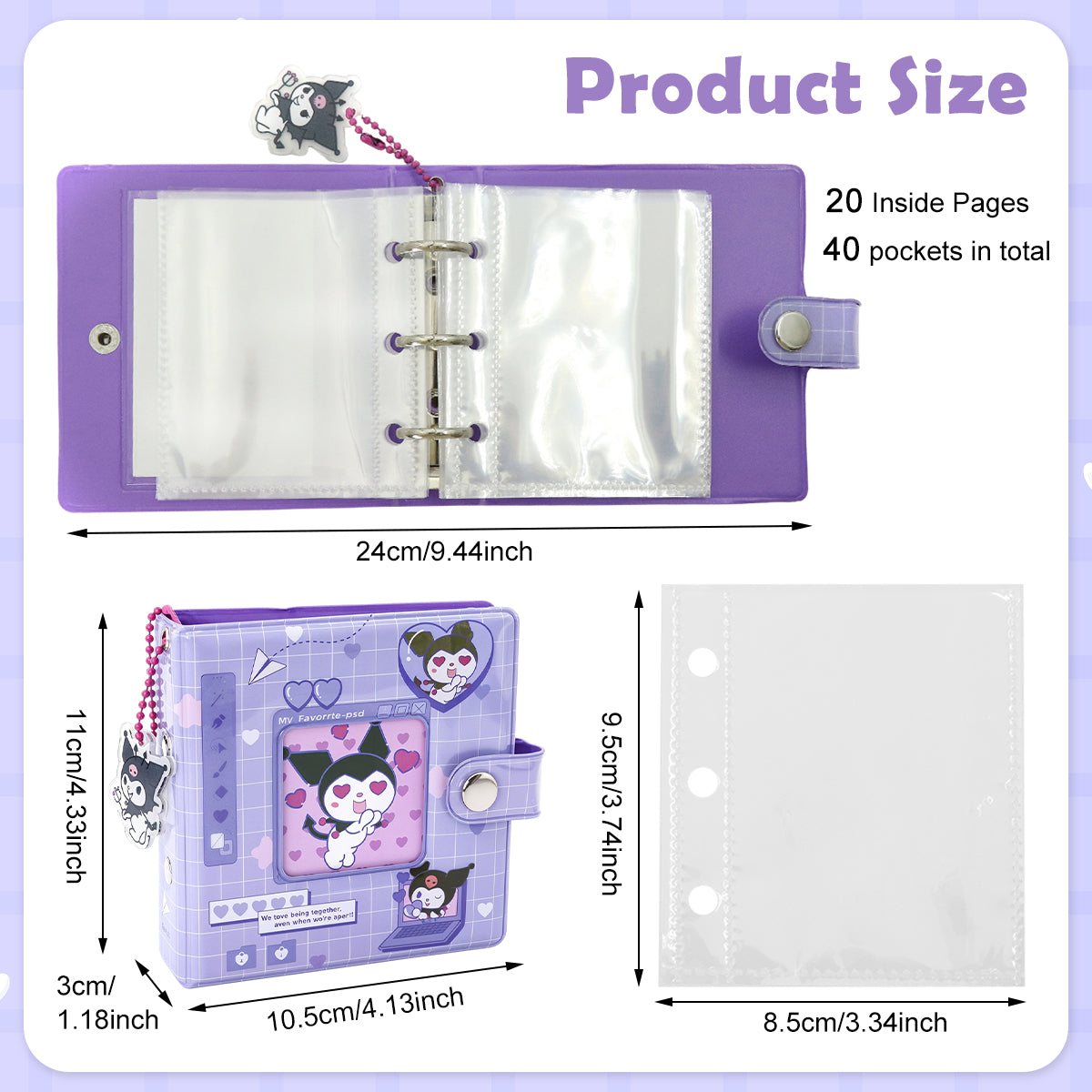 HASTHIP Kuromi Pocket Photo Album Hold Up 40 Photos of  3'' Binder Album Double Side Clear PVC Photo Pocket Kawaii Cartoon Instant Square Films Pocket Album Kpop Star Binder Photocard