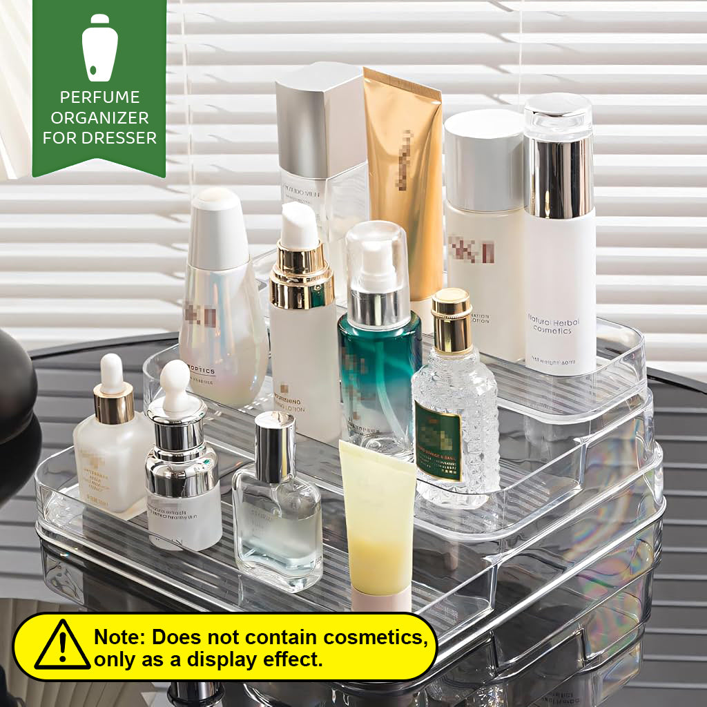 HANNEA Dressing Table Tray Organzier 3-Tier Acrylic Clear Perfume Organzier Displaying Holder Perfume Organizer for Dresser, Bathroom, Lipsticks, Makeups, Perfume, 26.5x24.5x10.5cm