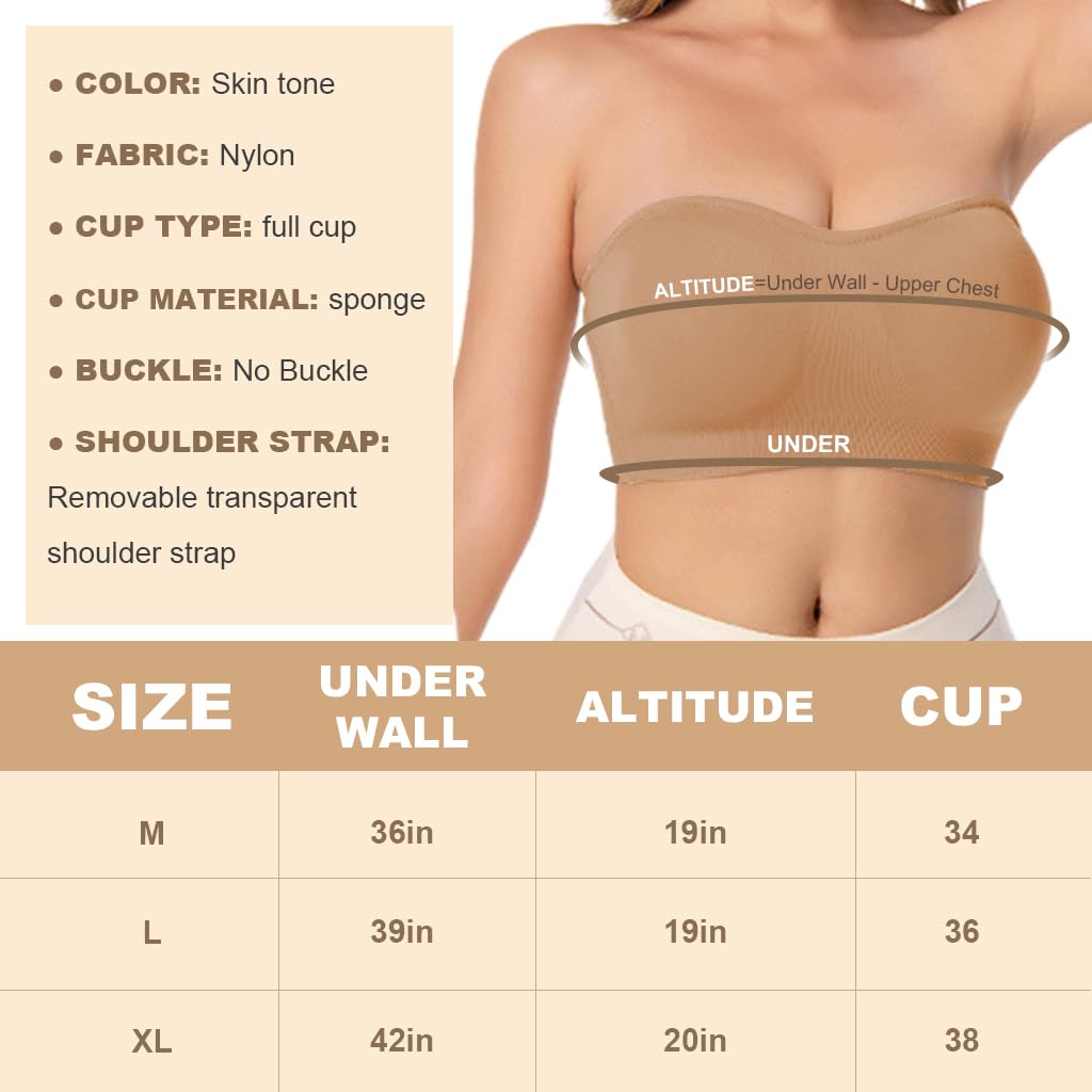 PALAY Strapless Bra for Women Padded Non-strap Bra for Heavey Breast Off-Shoulder Bra Removable Breast Pads Design Non-slip Bra Casual Strapless Bra, M