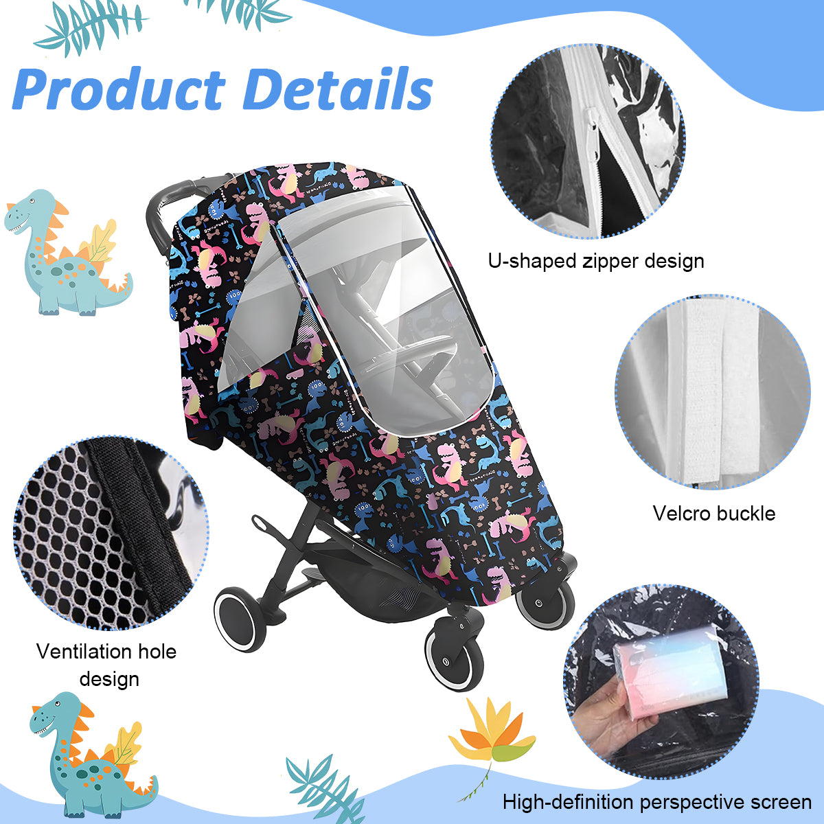 SNOWIE SOFT Rain Cover with Storage Bag Pushchair Baby Stroller Cover Zip-up Clear Front Piece Waterproof Oxford Cloth Rain Cover Dust Cover Universal Cartoon Print Cover
