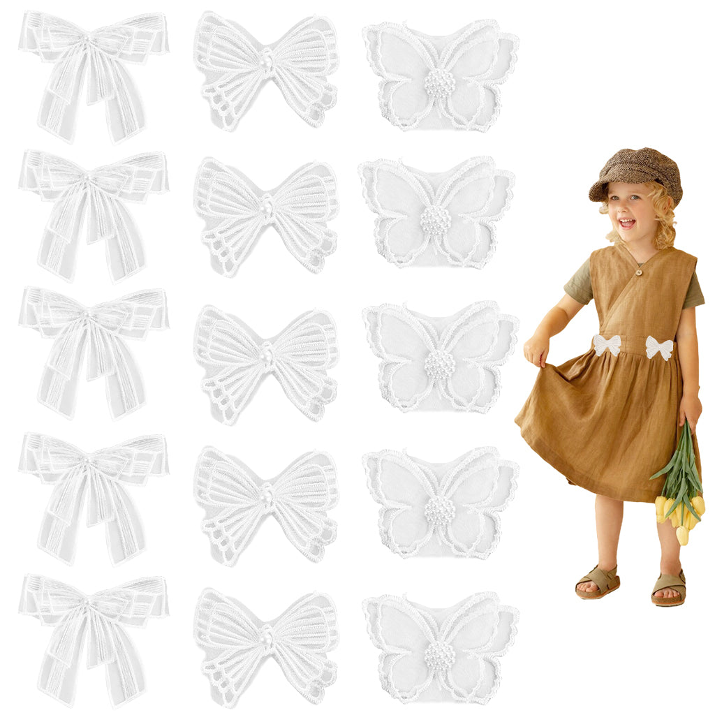 HASTHIP 15Pcs Embroidery Crafts Decals White Lace Bow Charms Butterfly Charms Double Sheer Bow Charms for DIY Crafts, DIY Headbands, Hair Clips, Socks