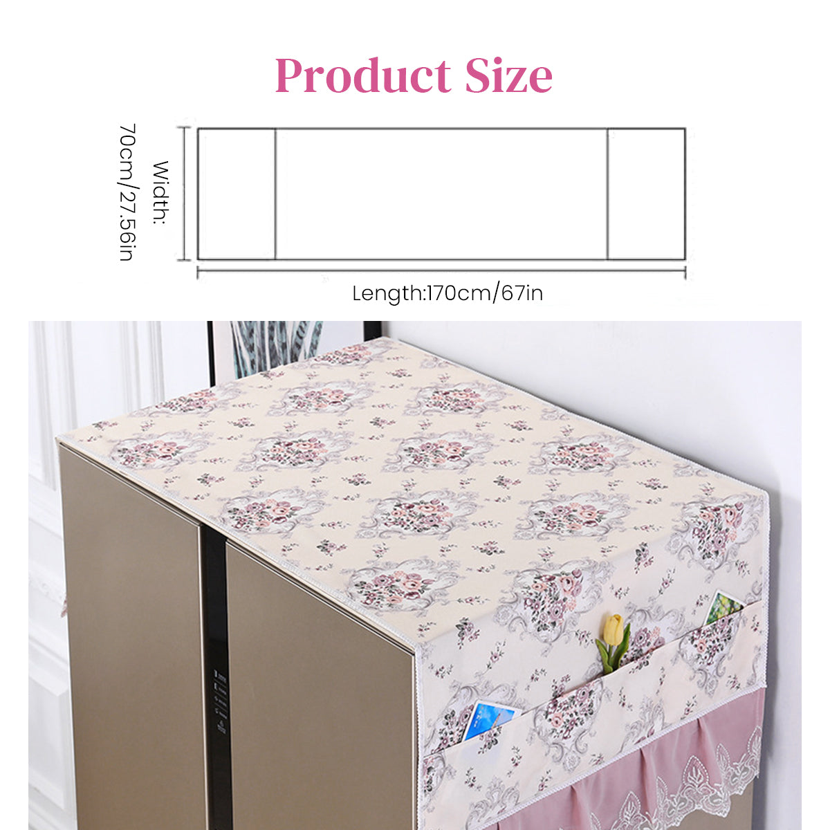 HASTHIP® Fridge Cover Fashion Floral Print Refrigerator Dust Proof Cover Refrigerator Roof Cover Lace Hem with Pockets Universal Fit Refrigerator Cover Kitchen Home Appliance Roofcover, 70x170cm