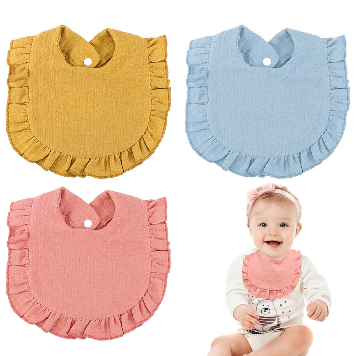 SNOWIE SOFT 3Pcs Baby Girls Bibs Cute Ruffles Edge Designed Soft Cotton Baby Bibs for Baby Girl Toddler Girls 1-3 Years Old