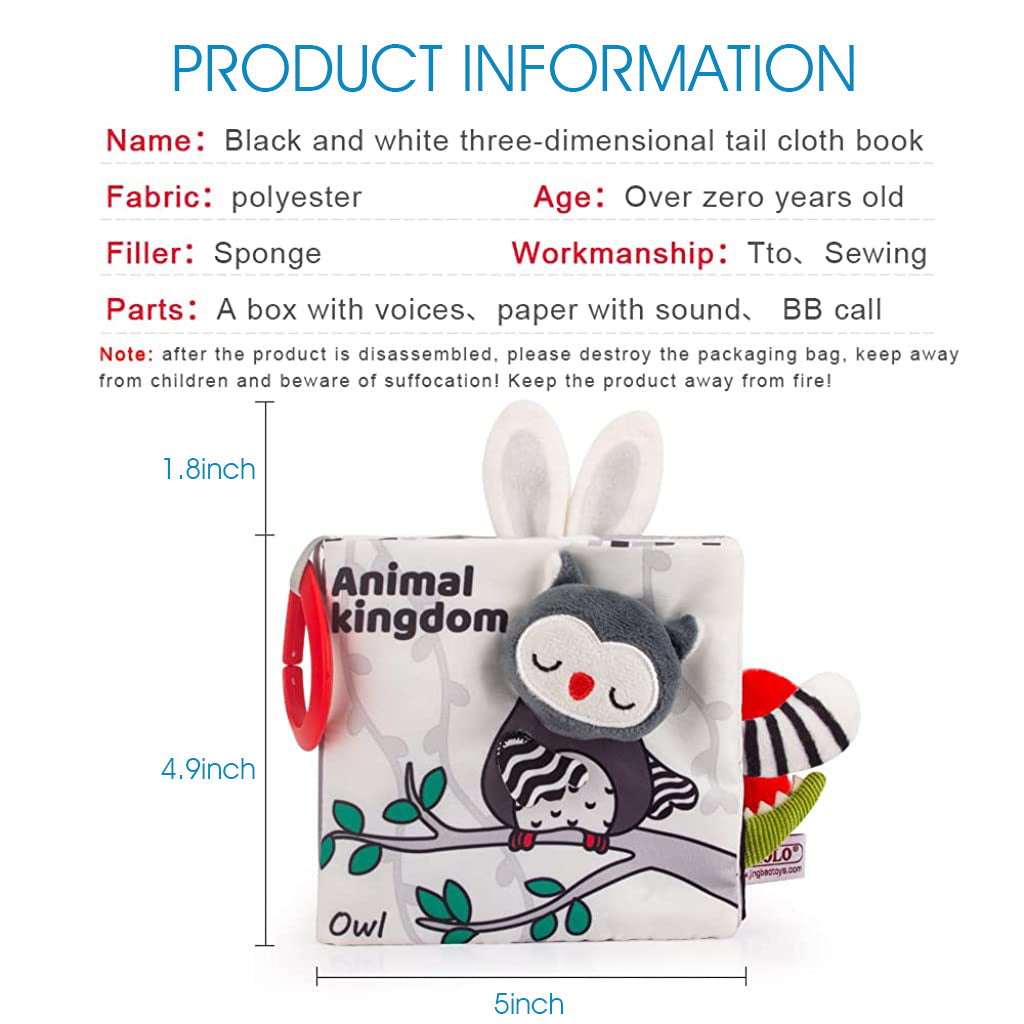 SNOWIE SOFT Baby Cloth Book Cartoon Black and White Baby Cloth Book with Built in Squeaky Toy Sensory Book Baby Cloth Early Sensory Toy Book Sensory Book Gift Toy for Baby Toddler 3-12 Months