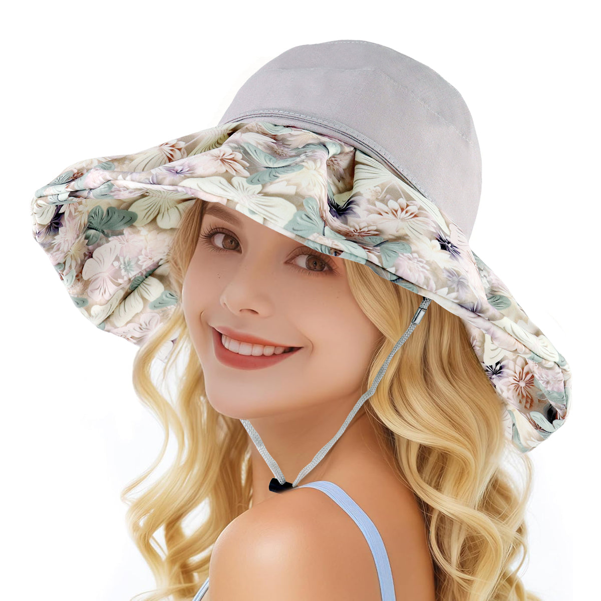 SANNIDHI Bucket Hat for Women Stylish, Sun Hats for Women, Floral Wide Brim Beach Hat for Women, UV Sun Protection Breathable Fishing Hat with Detachble Chin Strap (Mesh Liner, Flexible Brim )