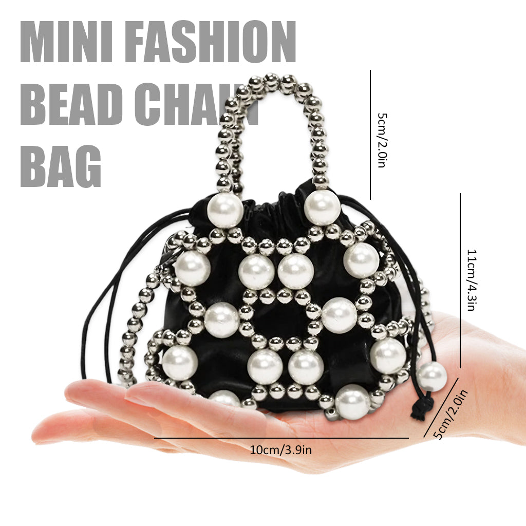 PALAY Small Drawstring Shoulder Bag Fashion Beaded Chain Crossbody Bag White Acrylic Pearl Embellishment Phone Sling Bag Casual Small Bag with Handle Evening Bag Handbag, 14x16cm