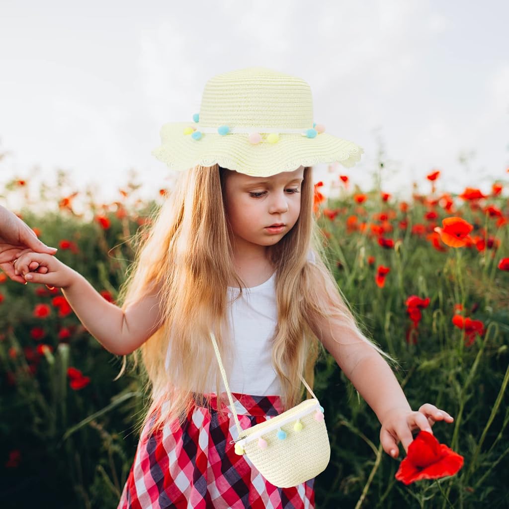 PALAY Straw Hat and Small Bag Set, Summer Sun Hat Girls Children's Straw Hat with Flower Decoration for Tourism Holiday Travel Beach Outdoor Activities