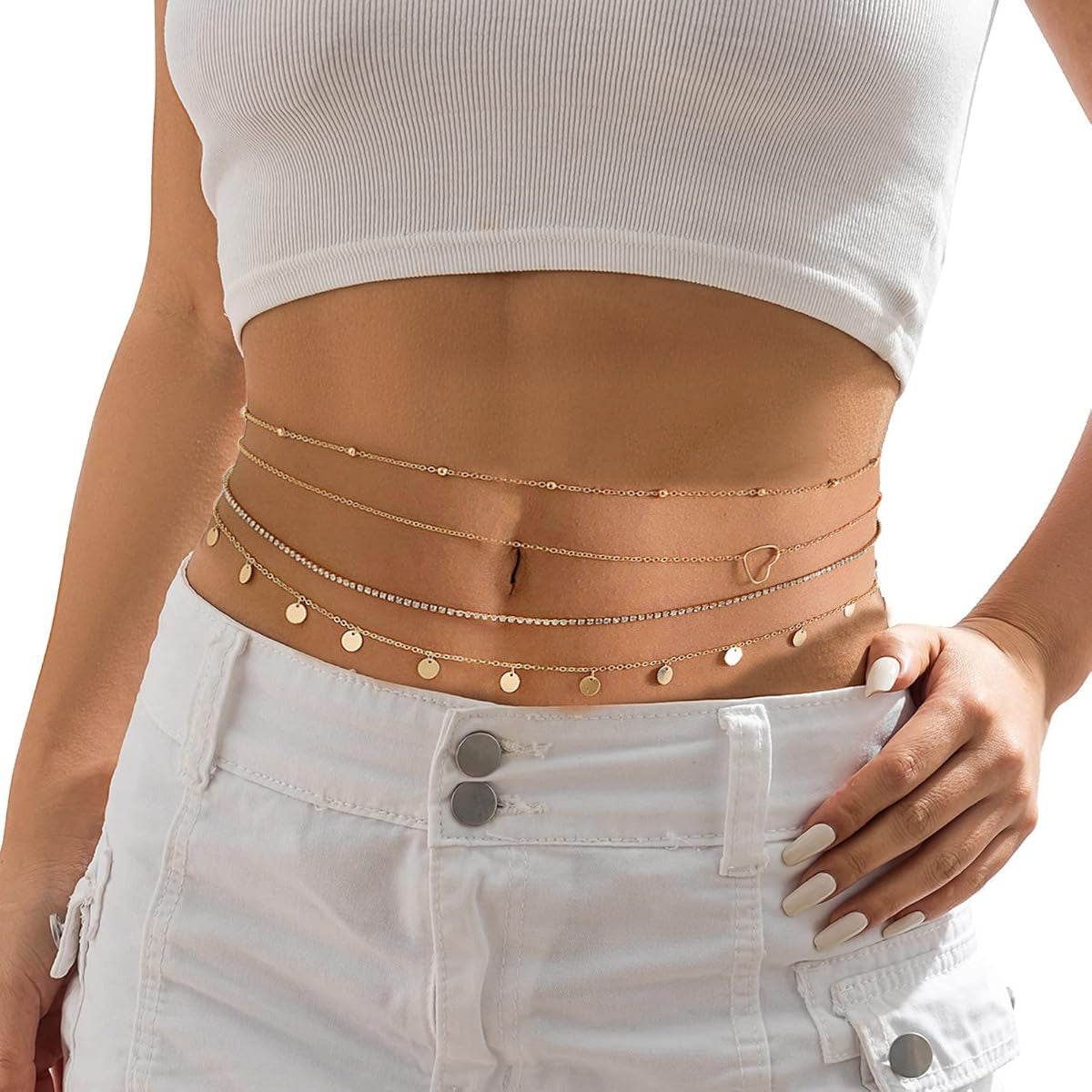 SANNIDHI Chic Waist Chains for Women Set of 4Pcs Slim Golden Chain Body Charm Waist Charm Chain Layered Metal Wasit Chains Bikini Beach Wear Adjustable Saree Waist Chains for Girls, 26.8+9.8 inches
