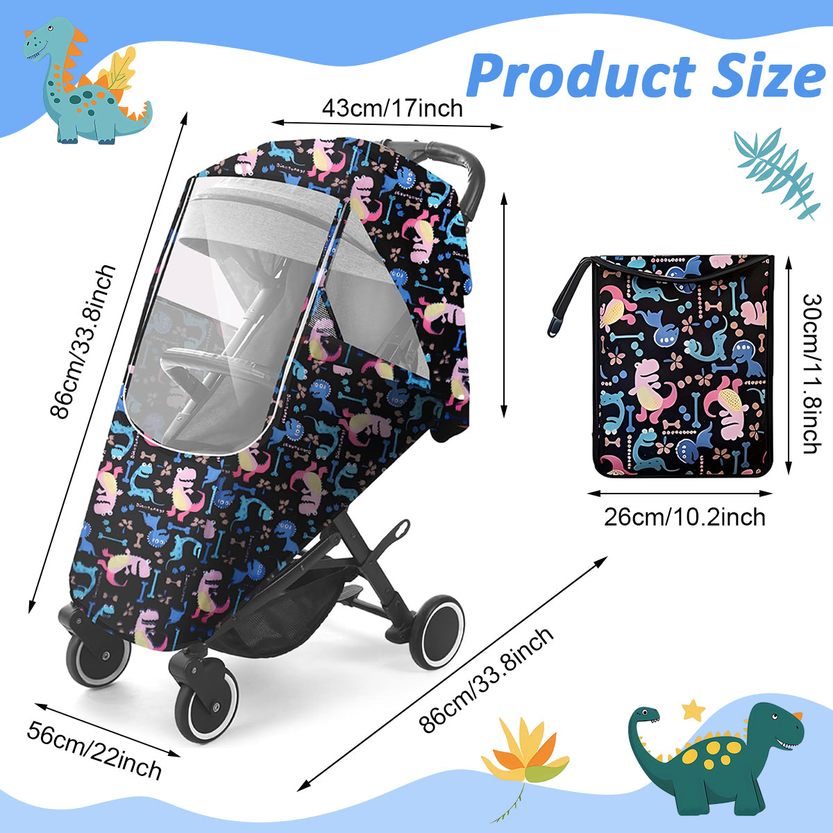 SNOWIE SOFT Rain Cover with Storage Bag Pushchair Baby Stroller Cover Zip-up Clear Front Piece Waterproof Oxford Cloth Rain Cover Dust Cover Universal Cartoon Print Cover
