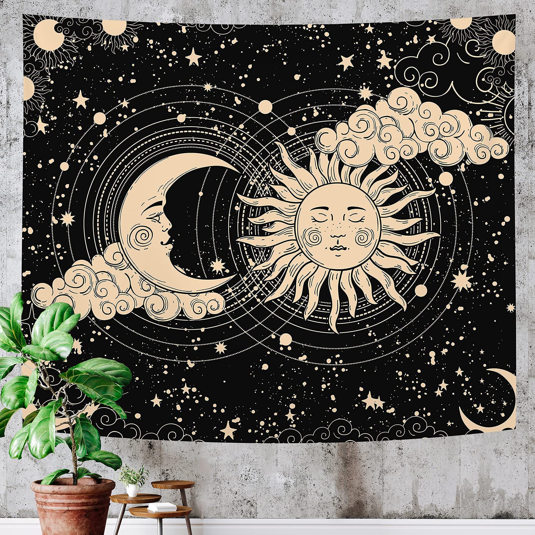 HASTHIP Sun and Moon Tapestry Aesthetic Sun Moon Tapestry Black Dark Spiritual Tapestries Wall Hanging Room Decor for Bedroom Livingroom (51 x59 , Moon and Sun)