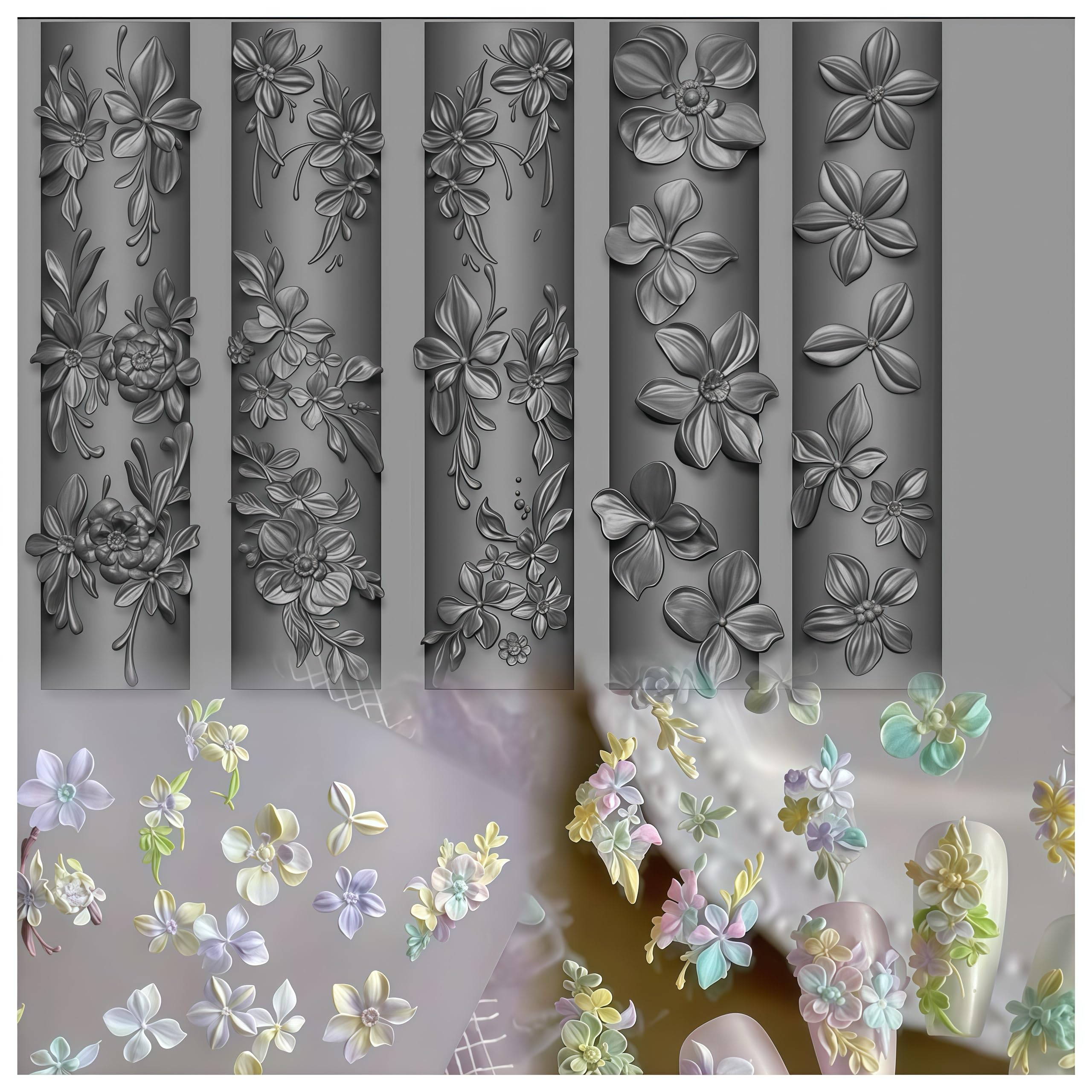 MAYCREATE® 4PCS 3D Gel Nail Art Flower Molds Silicone Nail Molds DIY Flower Charms for Nails Design Spring Summer Flowers Silicone Mold Floral Nail Stencils Manicure Carved Template Blossom