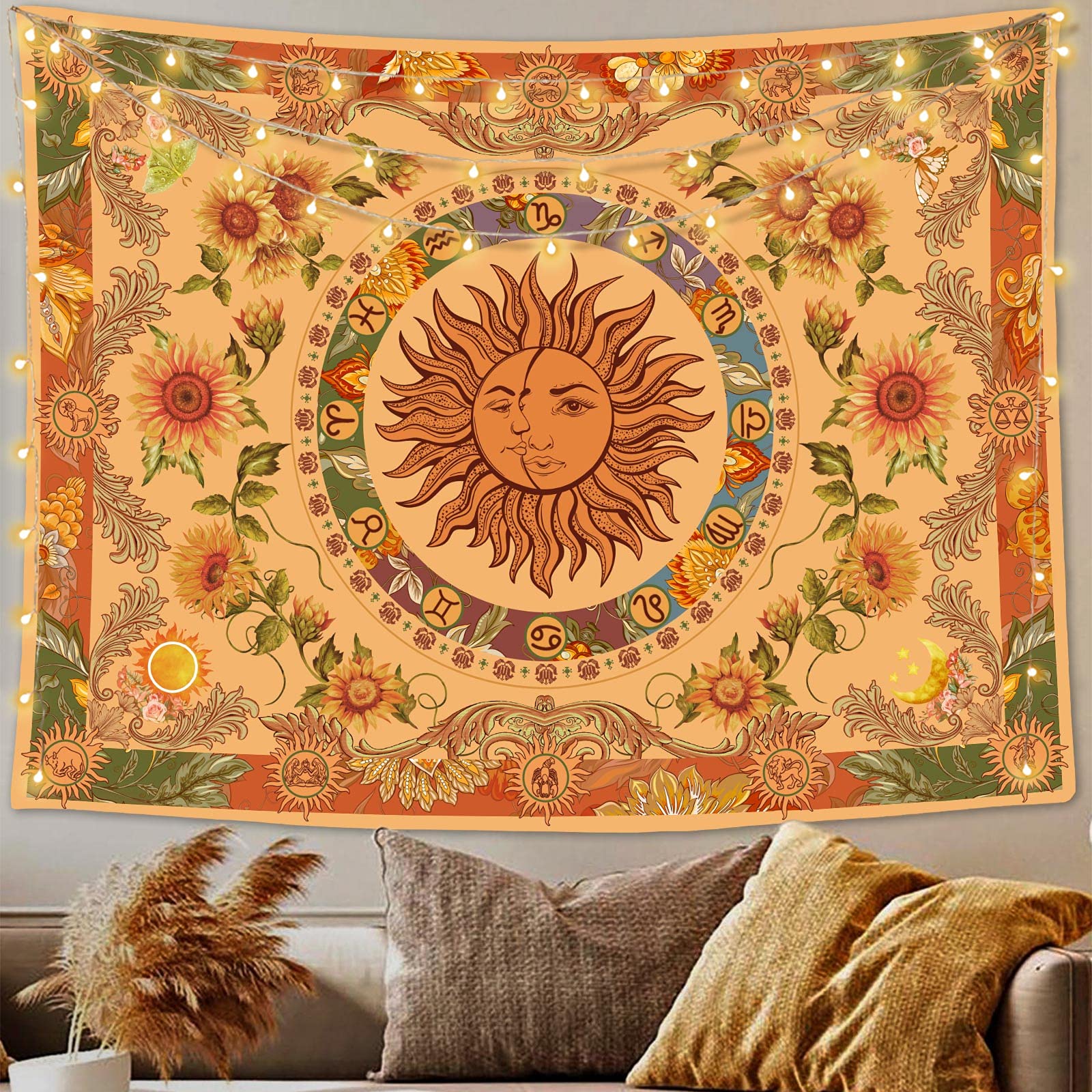HASTHIP Sun and Moon Tapestry, Aesthetic Sun Moon Sunflower Tapestry, Retro Tapestries Wall Art Tapestry Cover Wall Hanging Room Decor for Bedroom Livingroom, 51x59 inches