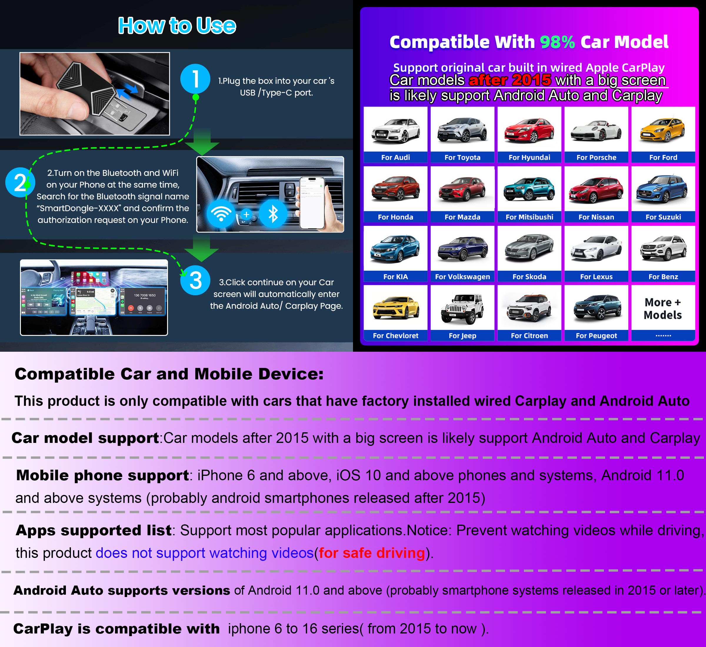 Zitronix Wireless CarPlay Adapter for Android Auto with Bluetooth 5.2 and Plug and Go Setup