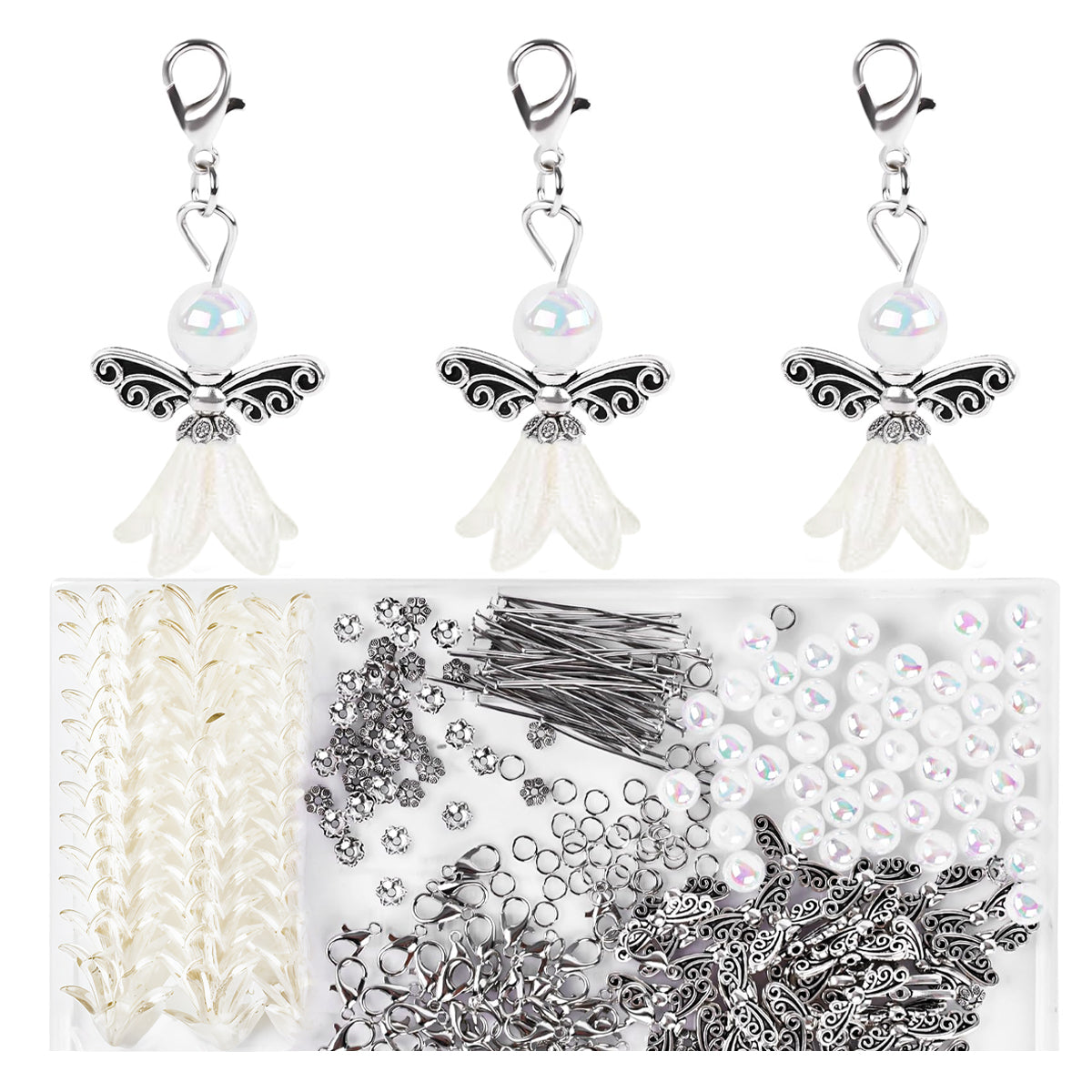 HASTHIP Set of 50Pcs Matched DIY Wings of Angle Charm Kit White Lily Flower Pearl Pearl Wings of Angle Charms Bag Charms Keychain Charms Gift Charms DIY Token Gift Components Accessories