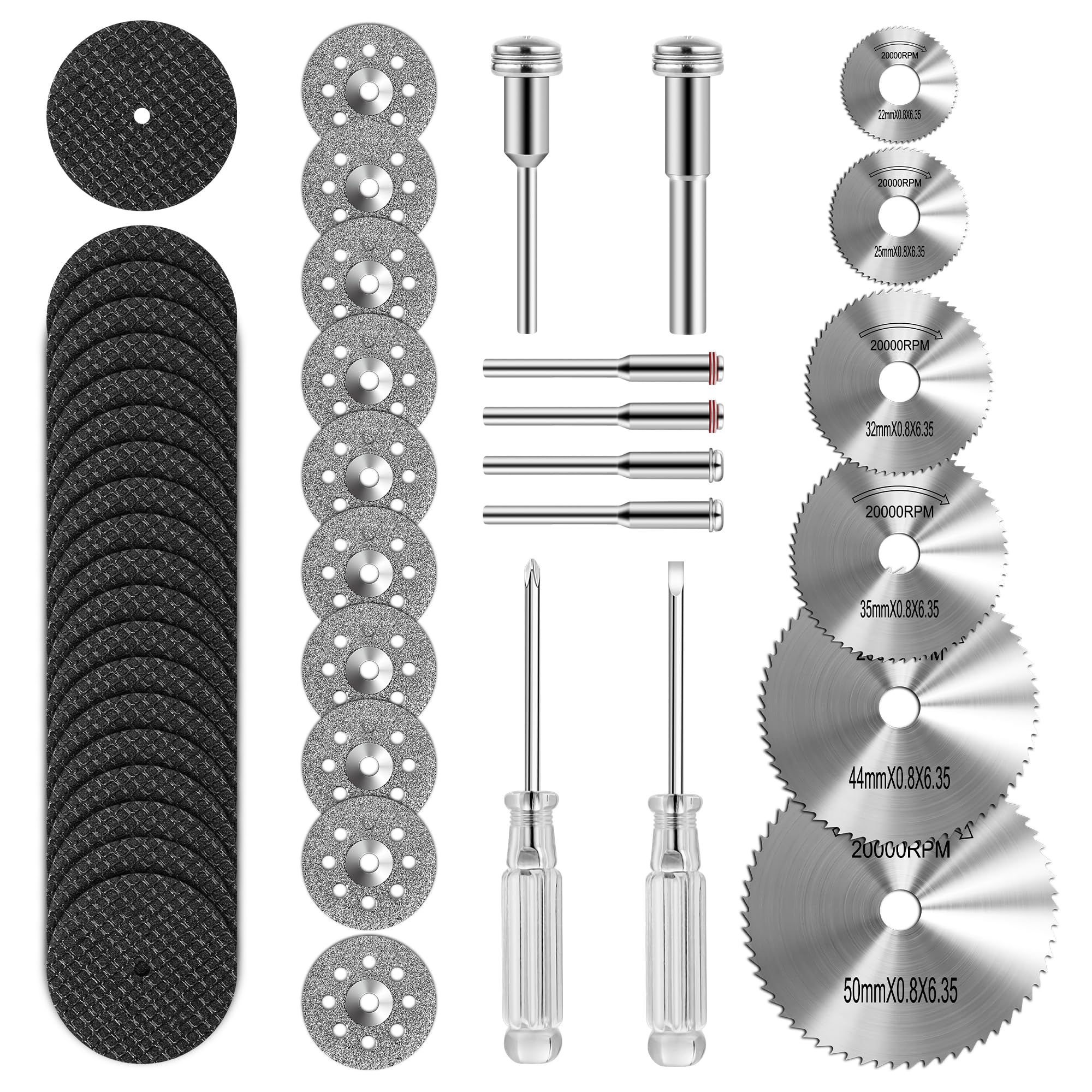 Serplex® 44pcs Cutting Wheel Set Compatible with Plastic for Rotary Tool,HSS Circular Saw Blades 6pcs,Resin Cutting Discs 20pcs 545 Diamond Wheels 10psc with 2 Screwdrivers