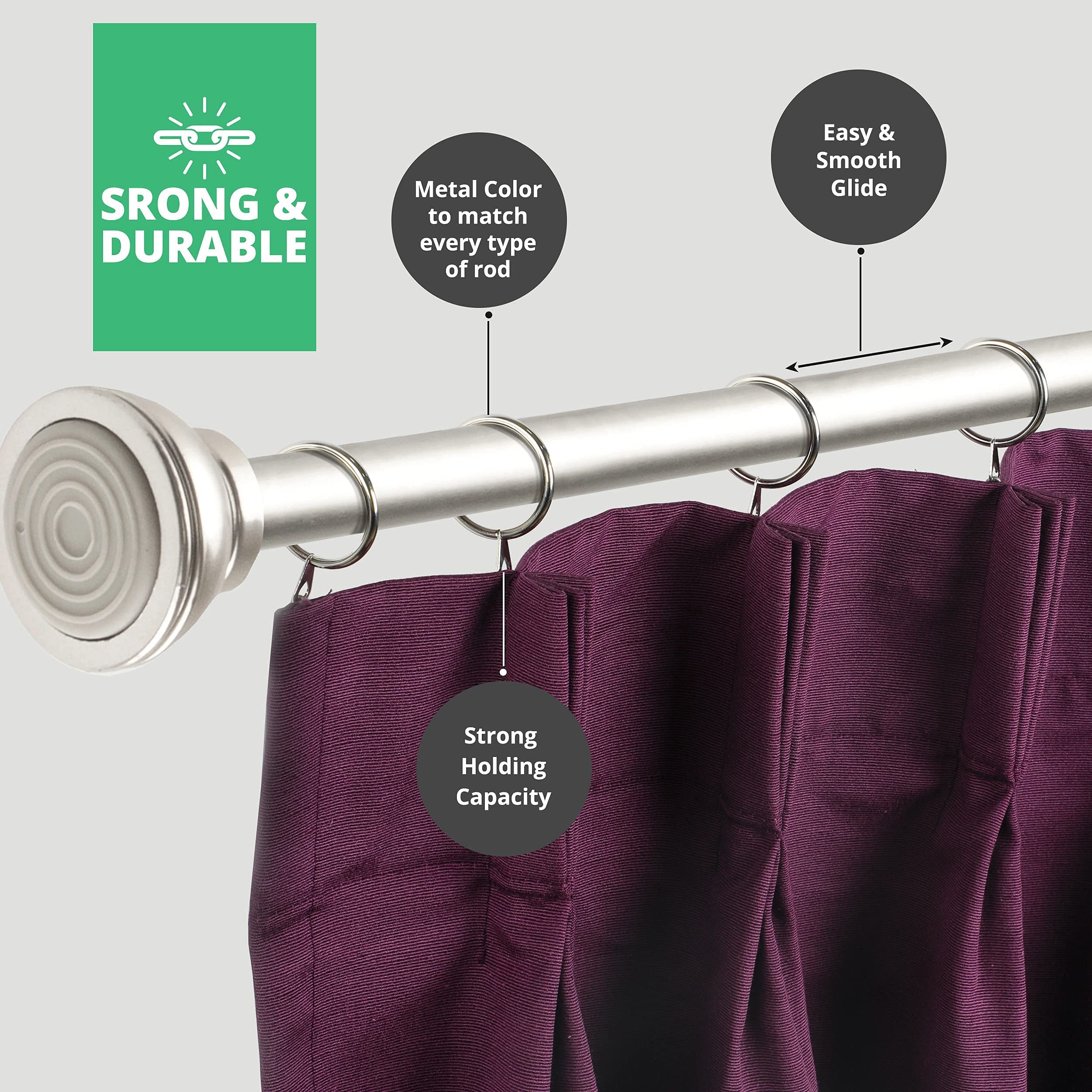 HASTHIP Metal Curtain Rings for Rods with Smooth Sliding Hooks 12Pcs 37 mm Black | Rustproof