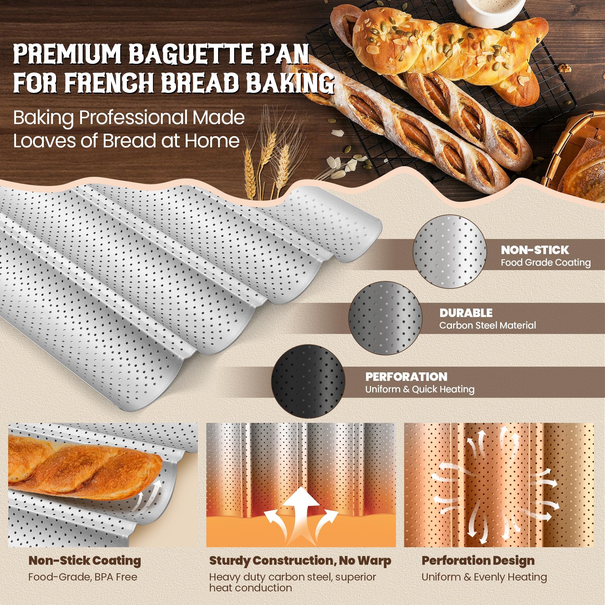 HASTHIP® Loaf Bread Proofing Tray 14.9 inches 4-Groove Heat Resistant Carboon Steel  Baking Tray for Chewy Loaf Bread Non-stick Coated Baking Tray for Sourdough, French Bread