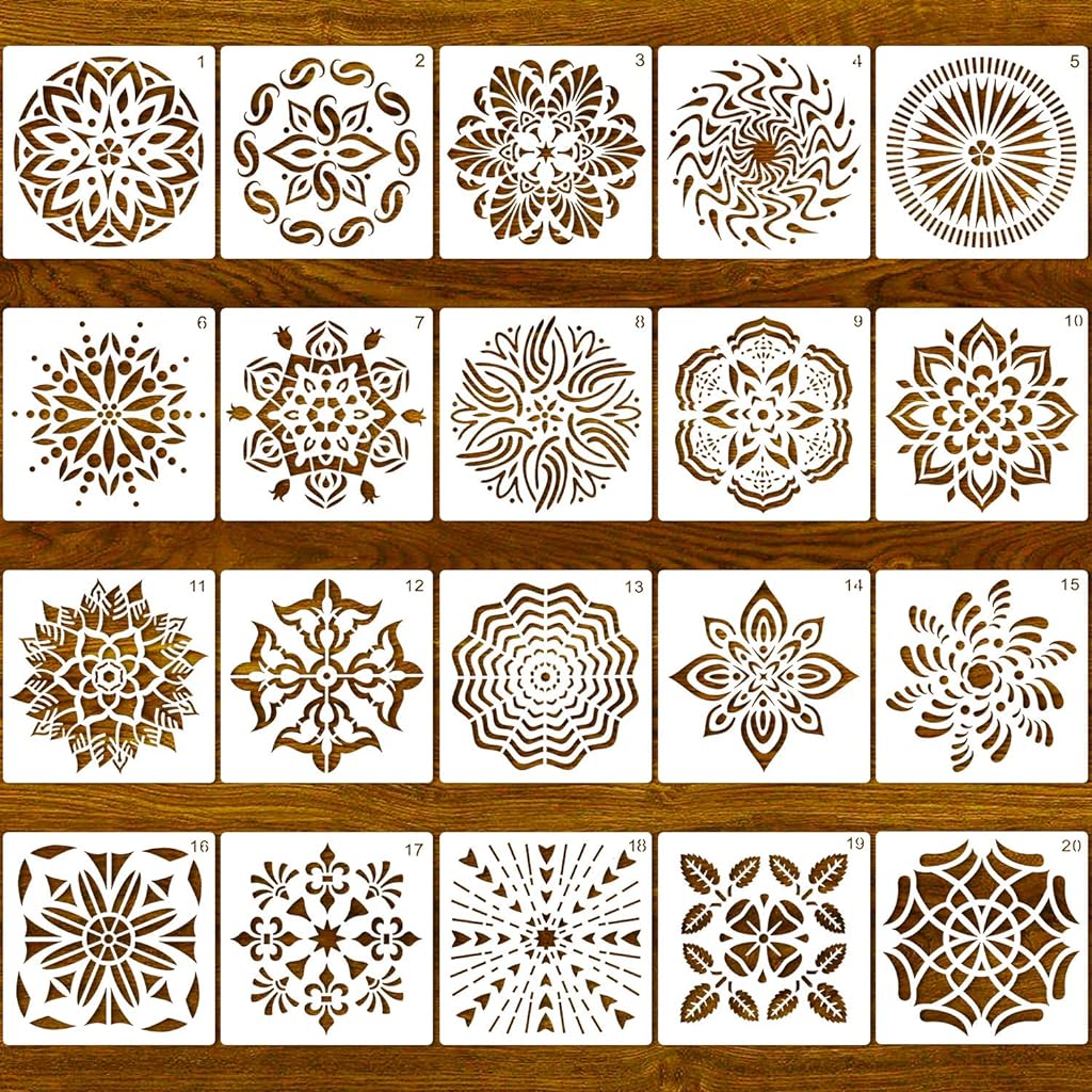 PATPAT® 20 Pieces Mandala Stencil Reusable Stencil Laser Cut Painting Template for Wall Tile Floor Fabric Furniture Painting 20 Styles (5.1x5.1 inch)