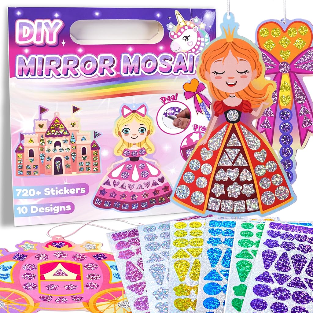 PATPAT® DIY Paint-by-Sticker Books DIY Glittering Mosaic Princess & Unicorn Sticker Paint Art Book Activity Book Busy Book Children's Day Gift for Kids, 720+ Glittering Stickers, 10 Designs