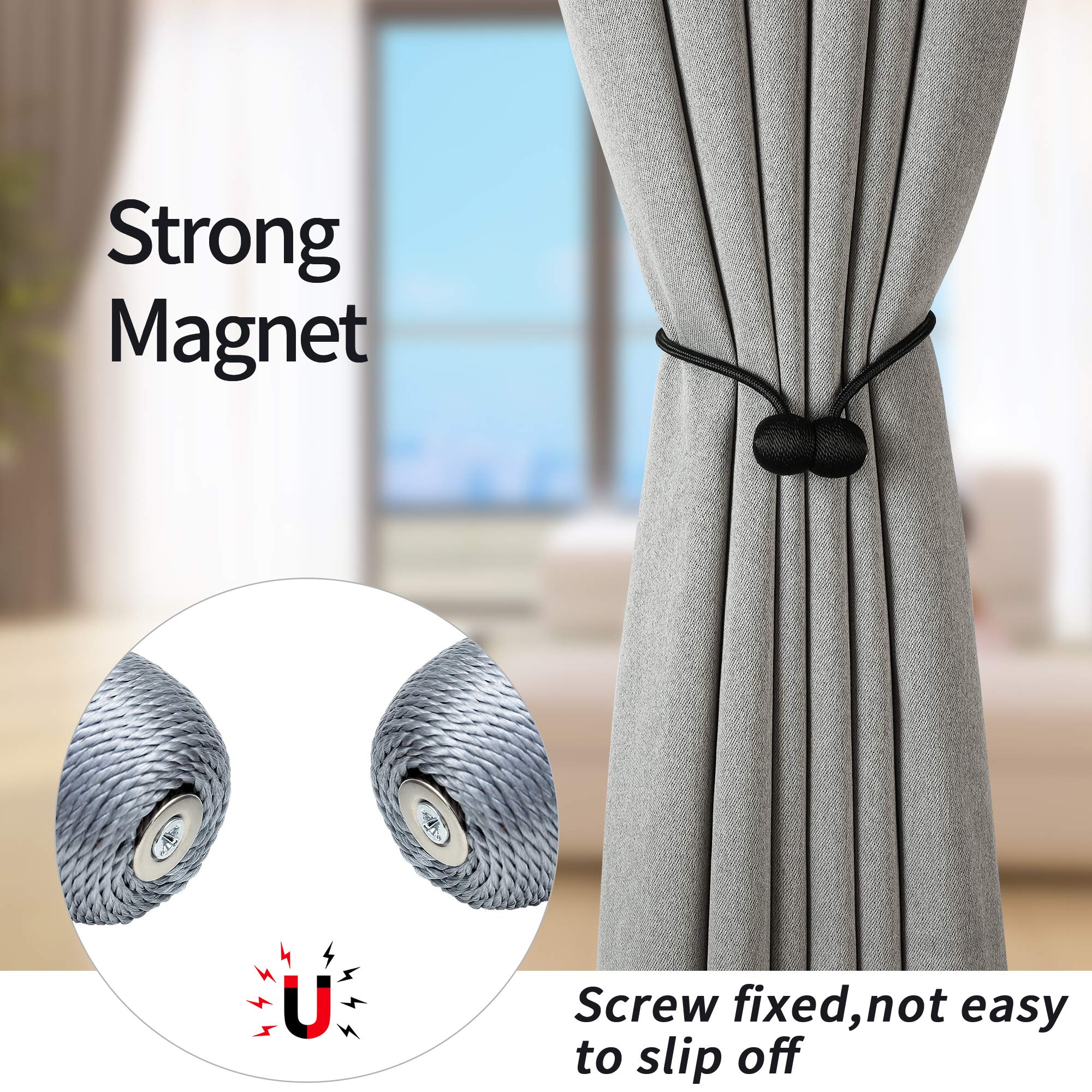 HASTHIP Magnetic Curtain Tiebacks Pack of 2 for Home and Office with 16in Rope | Eco-Friendly Woven Black Holdbacks