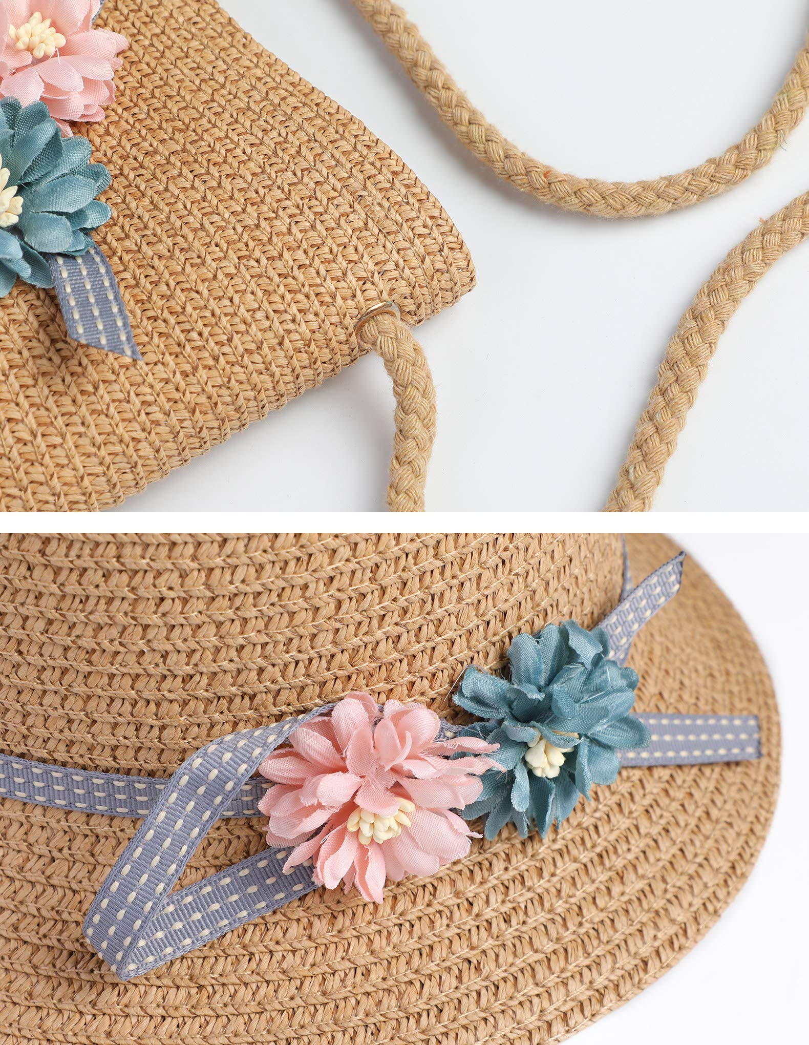 PALAY Girls Straw Beach Hat for Outdoor Travel with Matched Straw Bag in Coffee | 19-20.5 in Head Circumference