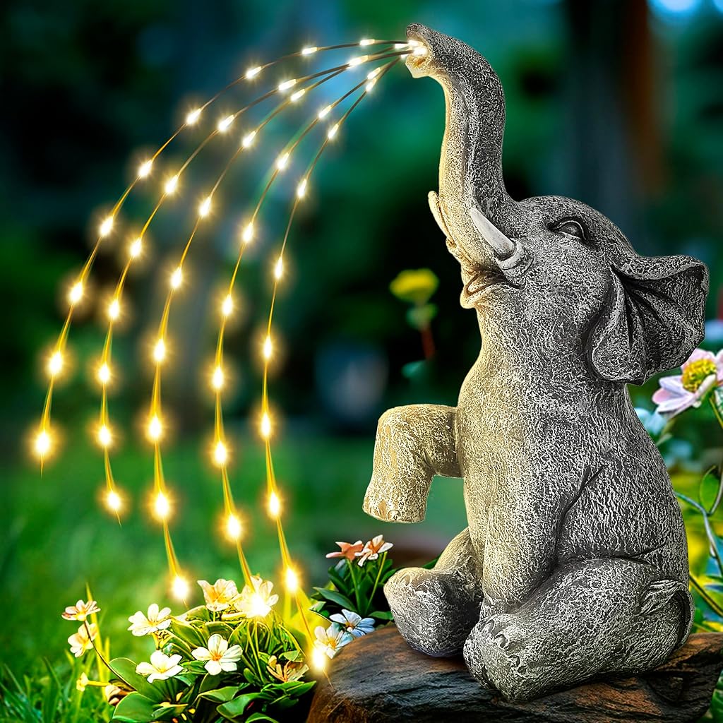 HASTHIP® Elephant Resin Statue with Starry Light, Planter Decor, Lawn Decor, Artistic Elephant Figurine for Garden, Home, Patio, or Indoor Display, Waterproof & Solar Powered Light, 4.5x5.3x10.6 inch,