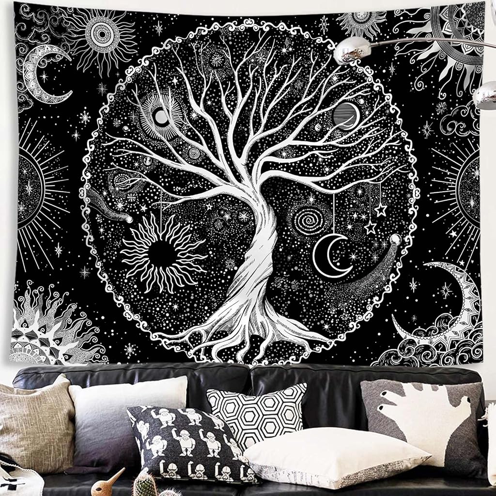 HASTHIP® Tree of Life Tapestry Black and White Tapestry Galaxy Space Tapestry Black Aesthetic Tapestry Wall Hanging for Bedroom (50×60 Inches)