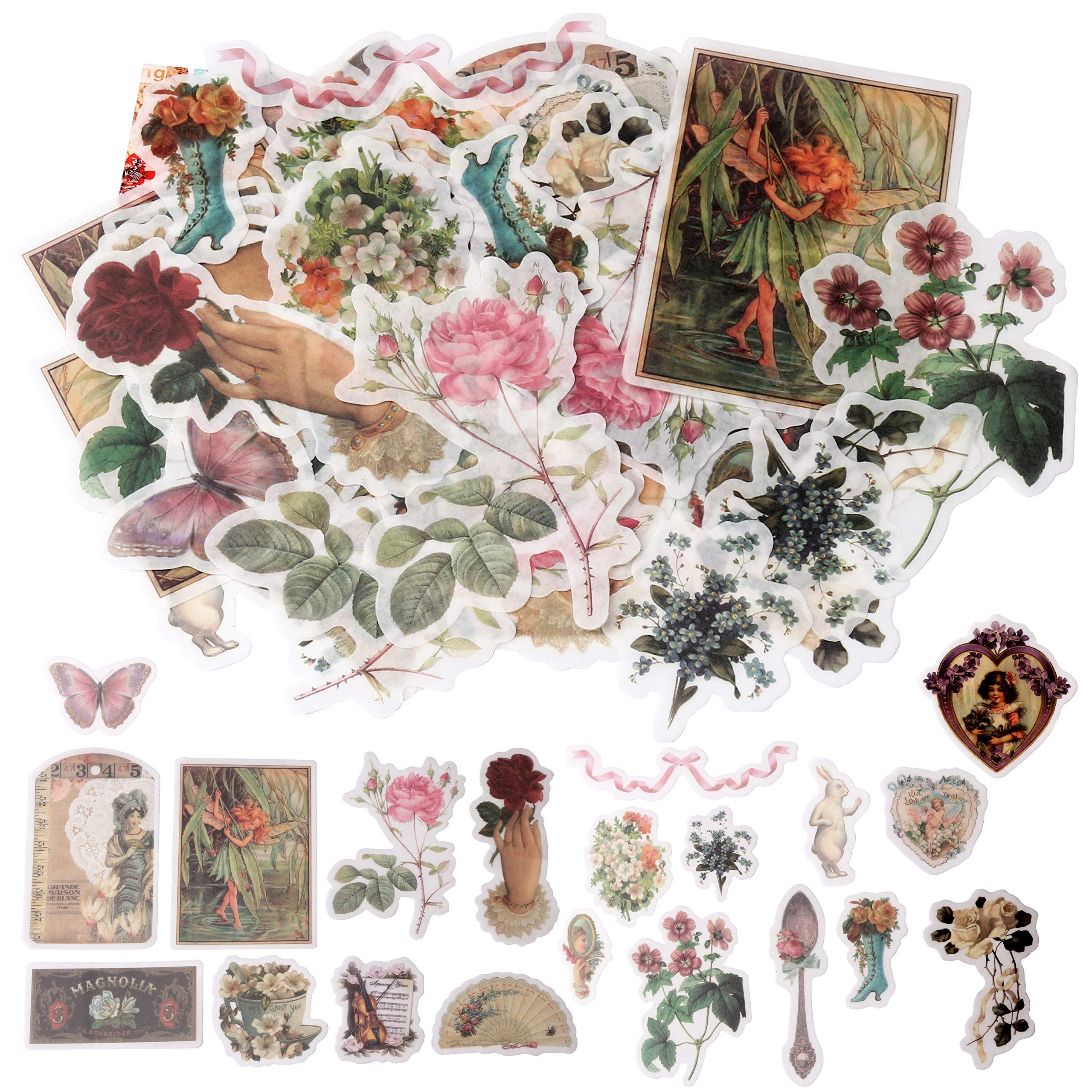 HASTHIP 60 Pcs Vintage Ephemera Pack, Romantic Easy Self-Adhesive Plants Floral Style Decoration Note Paper Stickers for Card Stock Scrapbook Letters Notebook Card Making DIY (Spend time)