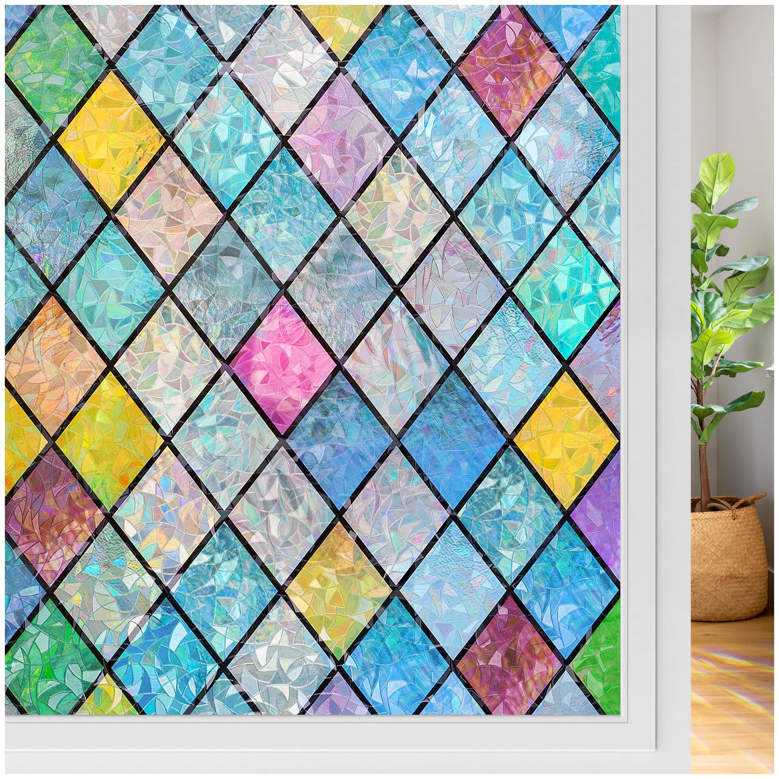 HASTHIP® Stained Glass Window Film Rainbow Film Decorative 3D Privacy Sticker Colorful Lattice Window Decals Cling, Sun Catcher Static Decals for Home 17.5