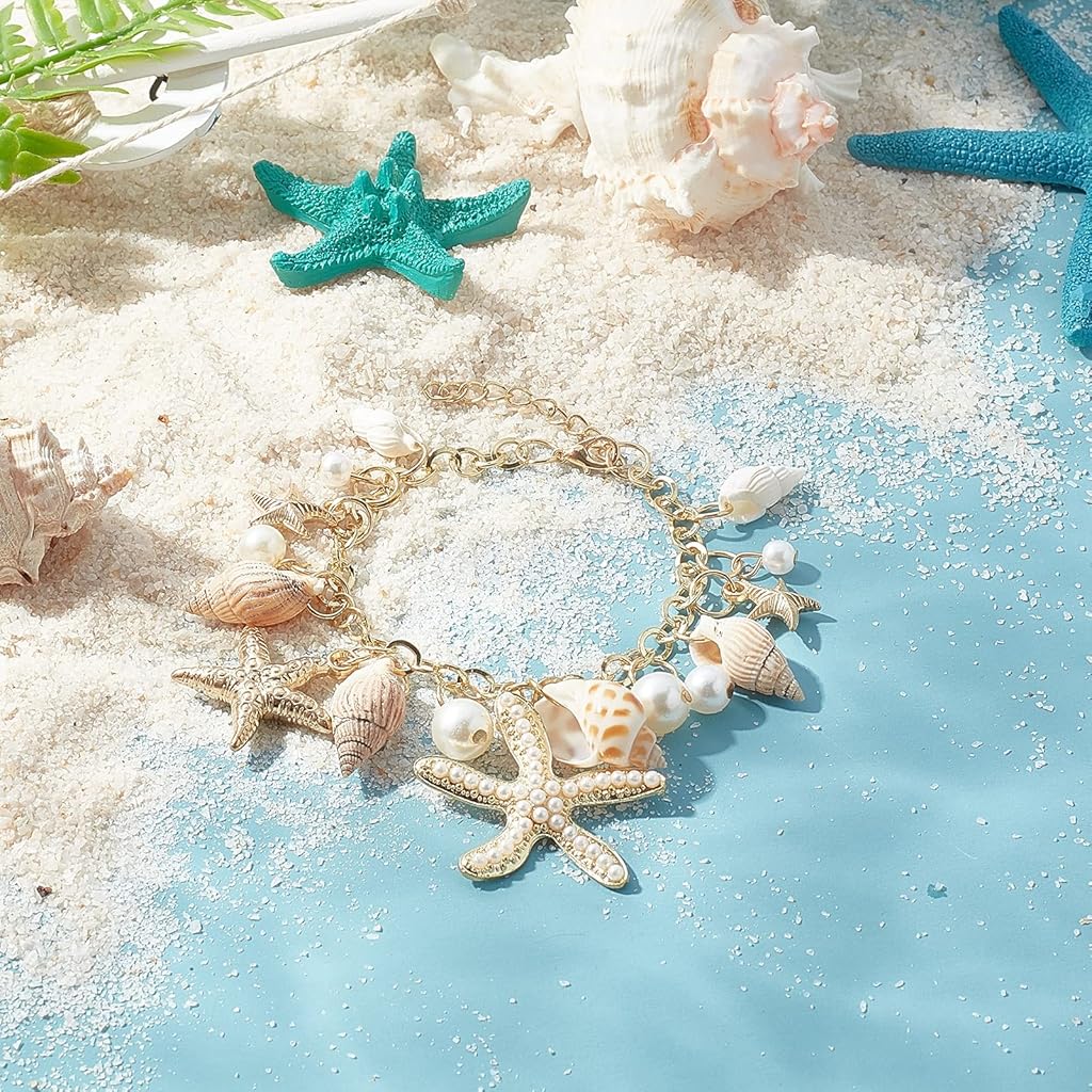 ZIBUYU® Bracelet for Women and Girls Seashell Exotic Boho Adjustable Chain Seashell Bracelet Accessories Starfish Conch Pearl Bracelet Shell Jewellery Birthday Gift for Women 1 Pcs X3