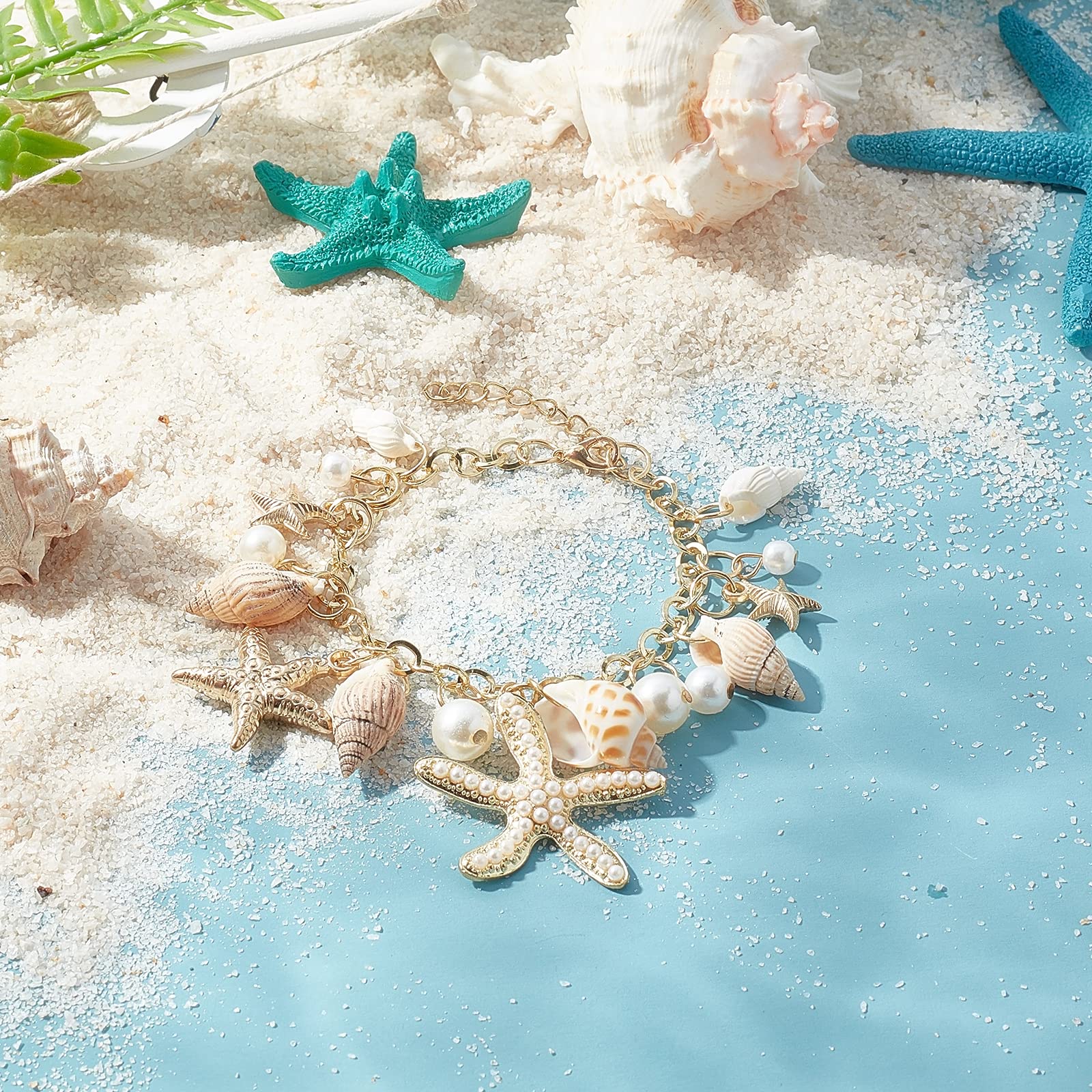 SANNIDHI® 2pcs Bracelet for Women and Girls Seashell Exotic Boho Adjustable Chain Seashell Bracelet Accessories Starfish Conch Pearl Bracelet for Women Shell Jewellery Birthday Gift for Women - 1 Pcs
