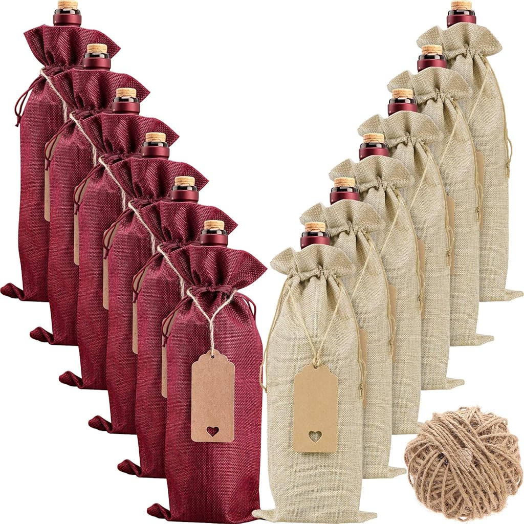 HASTHIP® 12 Pcs Burlap Wine Bags Wine Gift Bags, 5.9 X 13.78 inches Wine Bottle Bags with Drawstrings, Tags & Ropes for Birthday, Travel, Holiday Party, Housewarming,Wedding, Home Storage