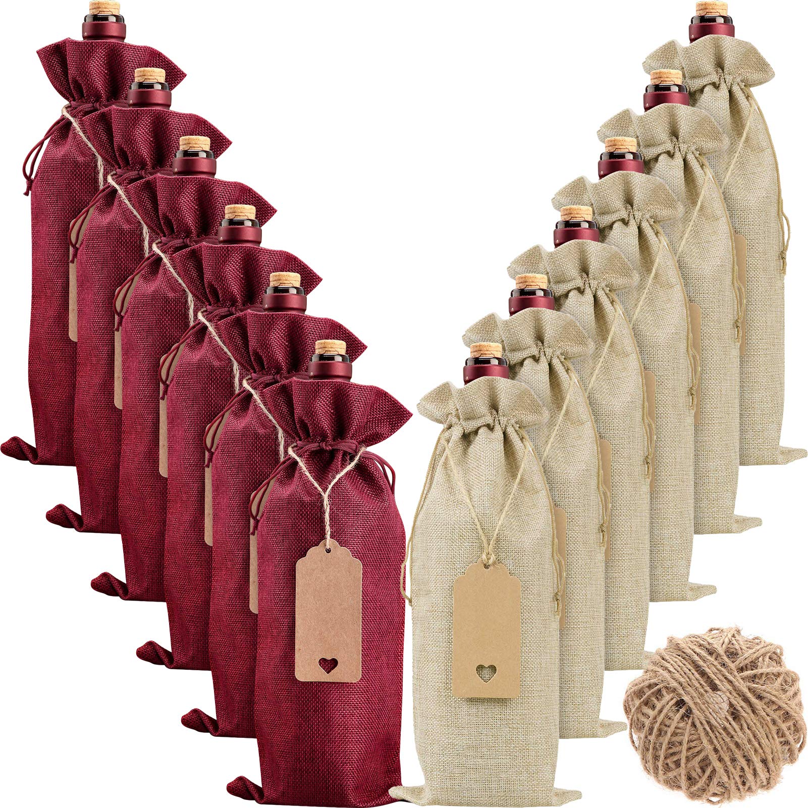 HASTHIP  12 Pcs Burlap Wine Bags Wine Gift Bags, 5.9 X 13.78 inches Wine Bottle Bags with Drawstrings, Tags & Ropes for Birthday, Travel, Holiday Party, Housewarming,Wedding, Home Storage