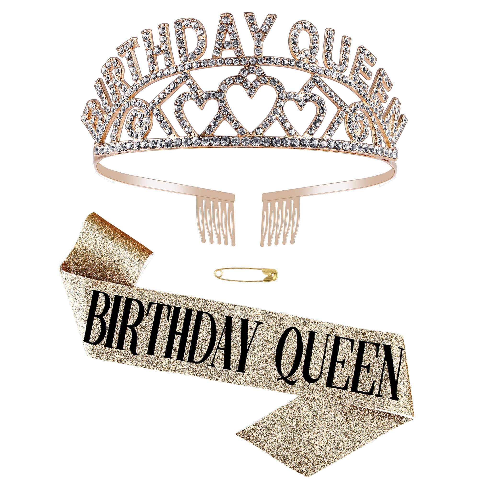 SNOWIE SOFT Birthday Queen Tiara Sash Set for Party Celebrations featuring Rhinestone Crown and Satin Fabric | Rose Gold Decorations for Women