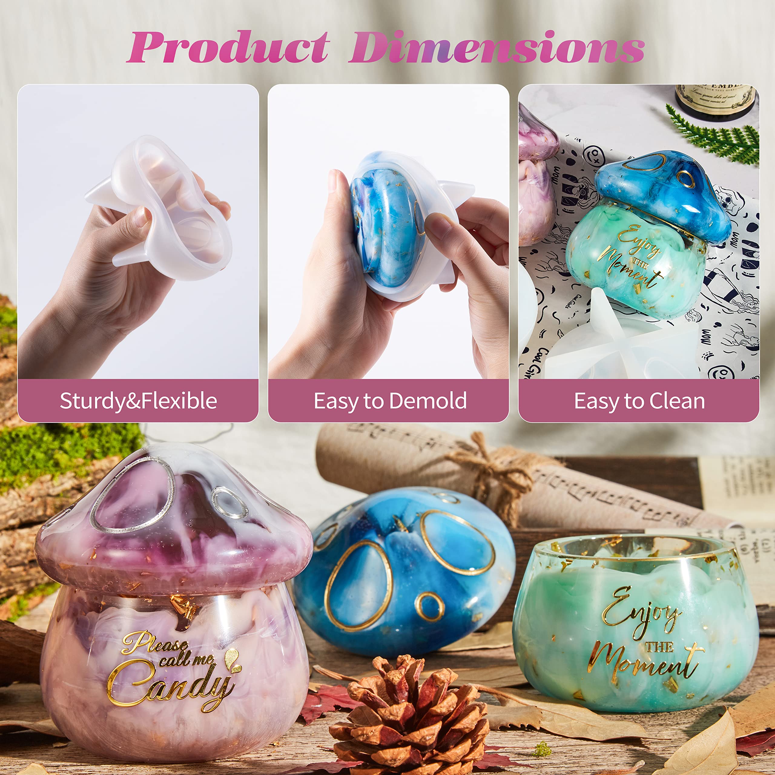 HASTHIP Resin Molds for DIY Epoxy Craft featuring 2 Part Mushroom Jar Design 3PCS | with 3.26×2.16 in Base and 4.17×2.48 in Lid