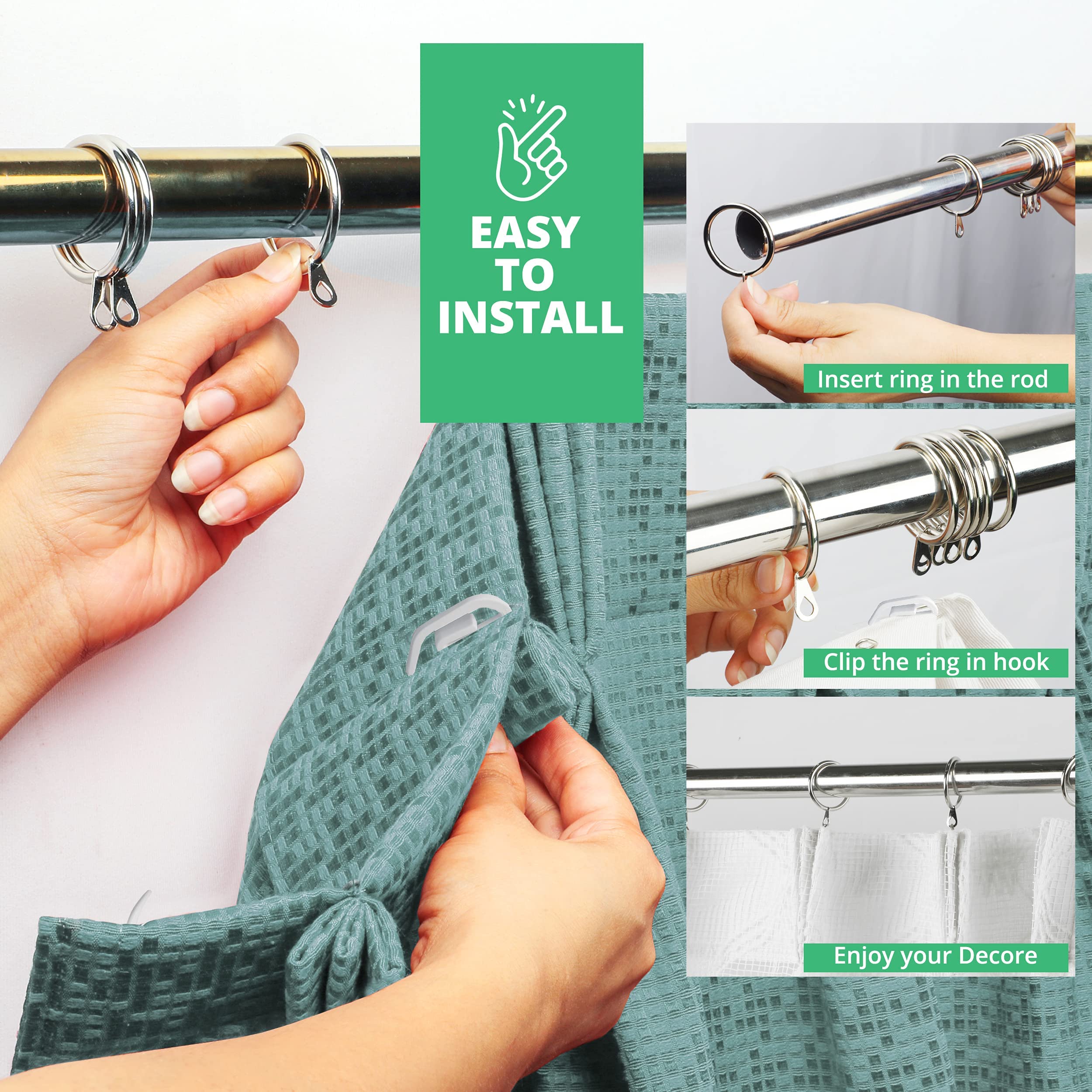 HASTHIP Metal Curtain Rings for Rods with Smooth Sliding Hooks 12Pcs 37 mm Black | Rustproof