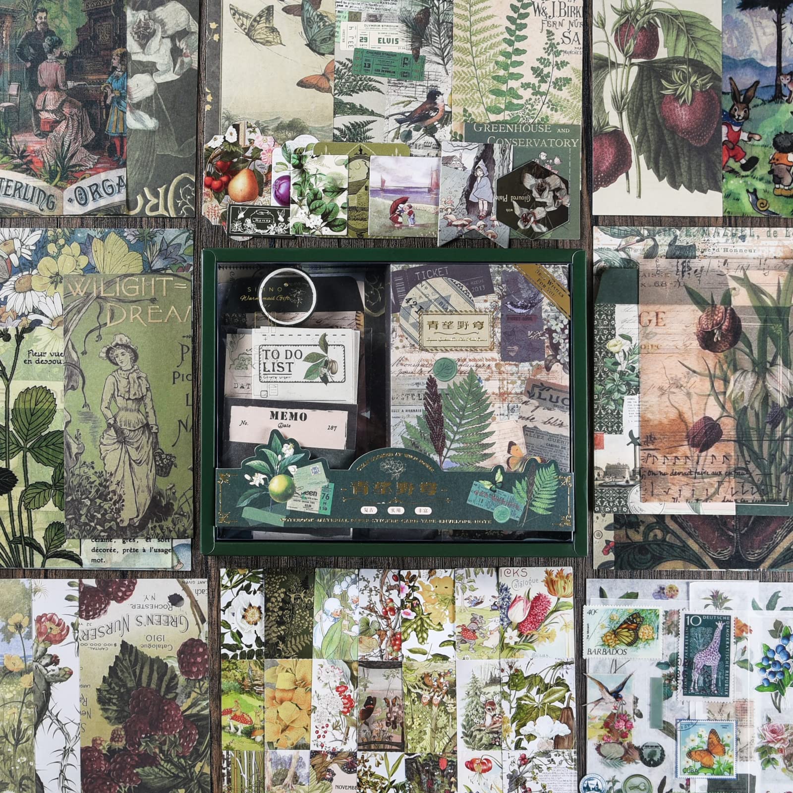 HASTHIP Vintage Scrapbook Sticker Washi Tape Scrapbook Gift Set Vintage Plant Theme Washi Tape Set Aesthetic Decorative Sticker Set for Bullet Journal, Scrapbook, Junk Journal, DIY Craft, Wall Decor