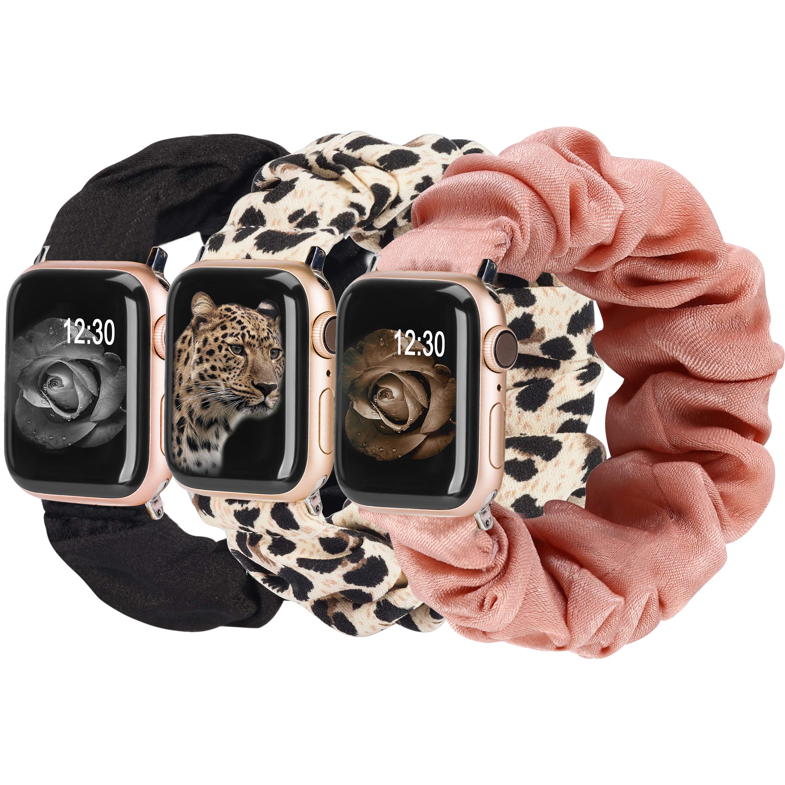 ZORBES® Compatible with iWatch 38/40/41mm, 3Pcs Stretchy Nylon Watch Bands for Women, Fashion Leopard Print and Pure Color Crinkle Scrunchie Watch Wristbands Wristlets
